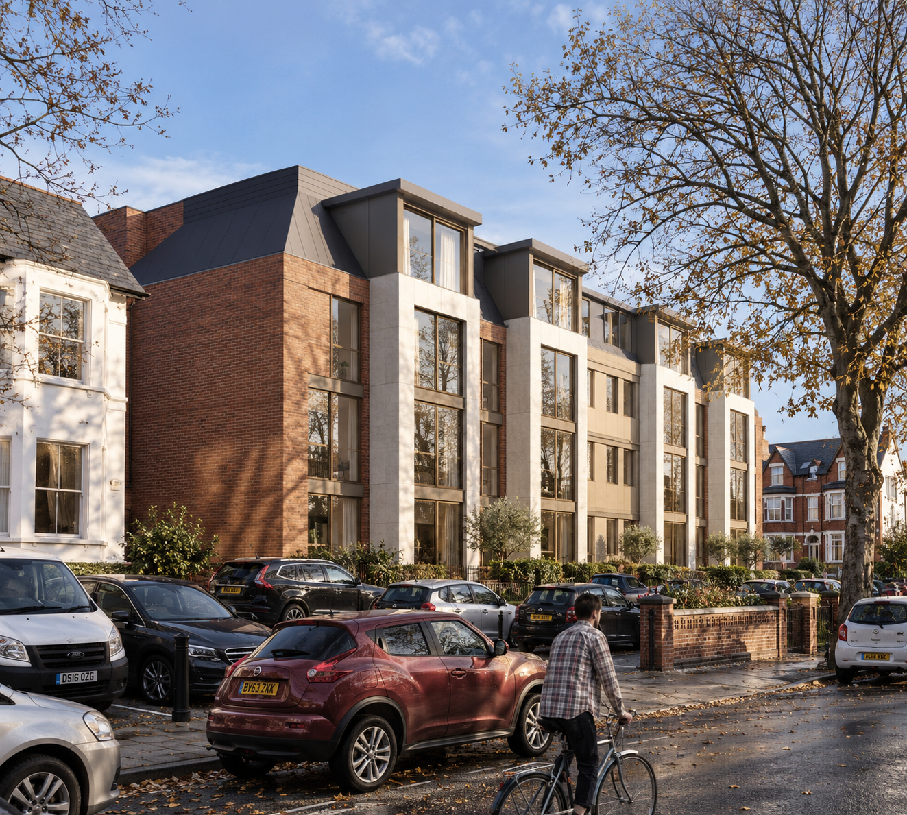St Annes Apartments, Lancashire — contemporary residential development featuring distinctive pitched roof forms, red-brick façades and full-height glazing. The scheme introduces modern apartment accommodation within an established residential streets