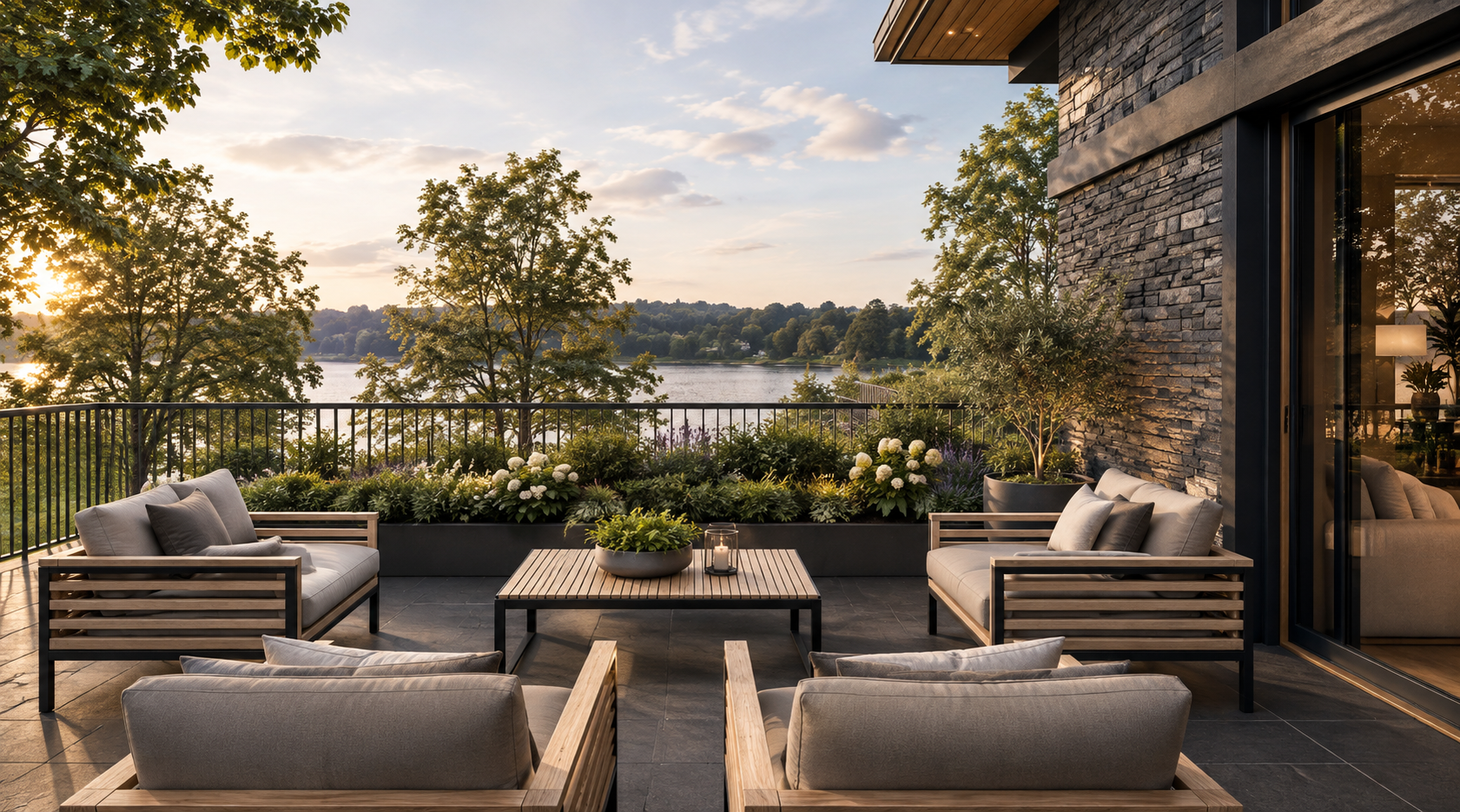 Lakeside Corporate Retreat, Windermere — Entrance Terrace with Lake Views — architectural visualisation of the planning-approved entrance terrace, featuring contemporary outdoor seating, natural stone walls and landscaped planting. The sheltered terr