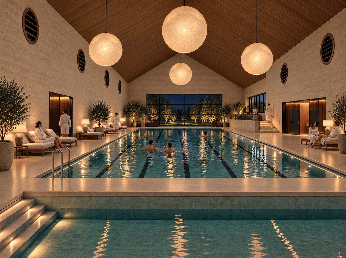Atmospheric evening view of the adult spa, featuring a 25m indoor swimming pool, steam rooms, a variety of saunas, cold plunge pools and relaxation areas, with soft architectural lighting