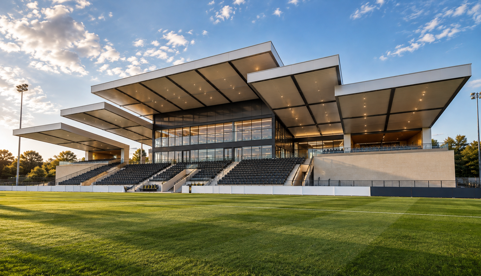 Community Football Stadium — contemporary stadium and community sports facility featuring a striking cantilevered grandstand, covered spectator seating, hospitality suites and modern community facilities. The design combines distinctive architecture 