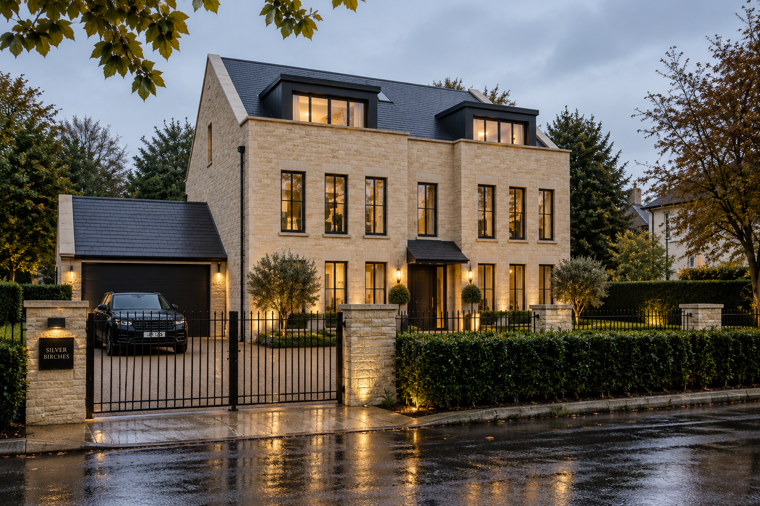 Islay Road, Lytham, Lancashire — architectural design for a luxury new-build residence on a vacant plot adjoining Silver Birches, featuring elegant natural stone façades, contemporary dormer windows, slate roofing and a landscaped gated entrance.