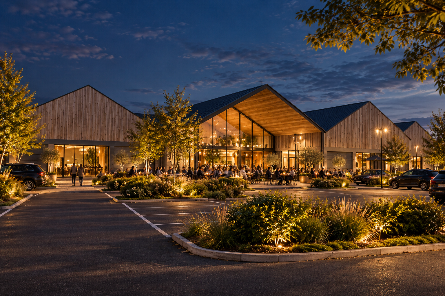 Leisure Barns, Lancashire — Evening Exterior
Planning-approved rural leisure destination featuring an inviting illuminated entrance, covered outdoor seating with infrared heating panels and landscaped surroundings. Designed as a welcoming year-round 
