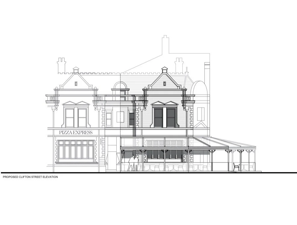 The Deacon, 84 Clifton Street, Lytham, Lancashire — Architectural Planning Drawing — Proposed elevation illustrating the conversion of a historic bank into a restaurant and bar, incorporating a new glazed canopy and outdoor seating while preserving t