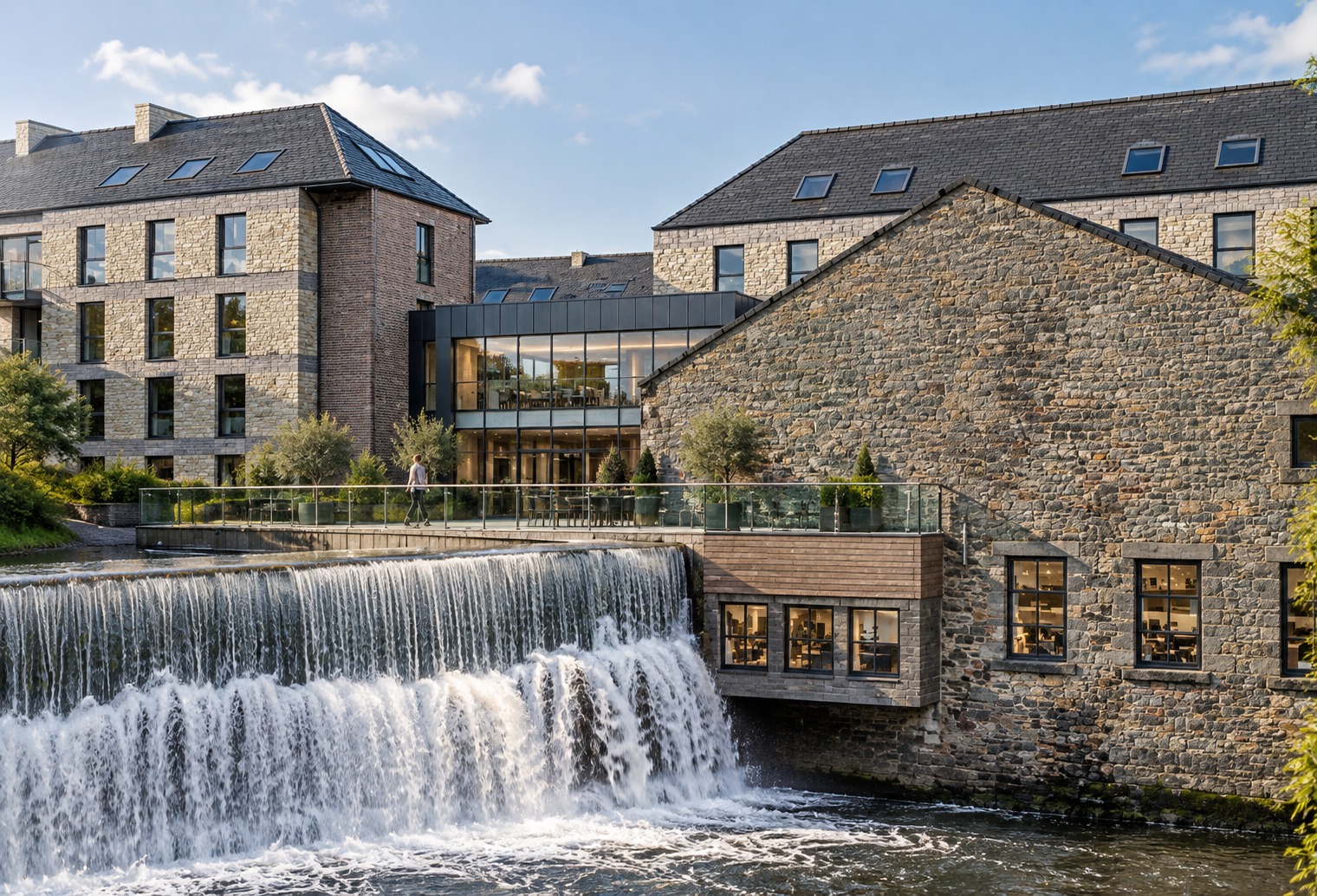 Roach Bridge Mill, Salmesbury, Preston — competition-winning design for the sustainable regeneration of a historic riverside mill into a net-zero energy commercial development. The scheme combines restored stone buildings with contemporary offices, h