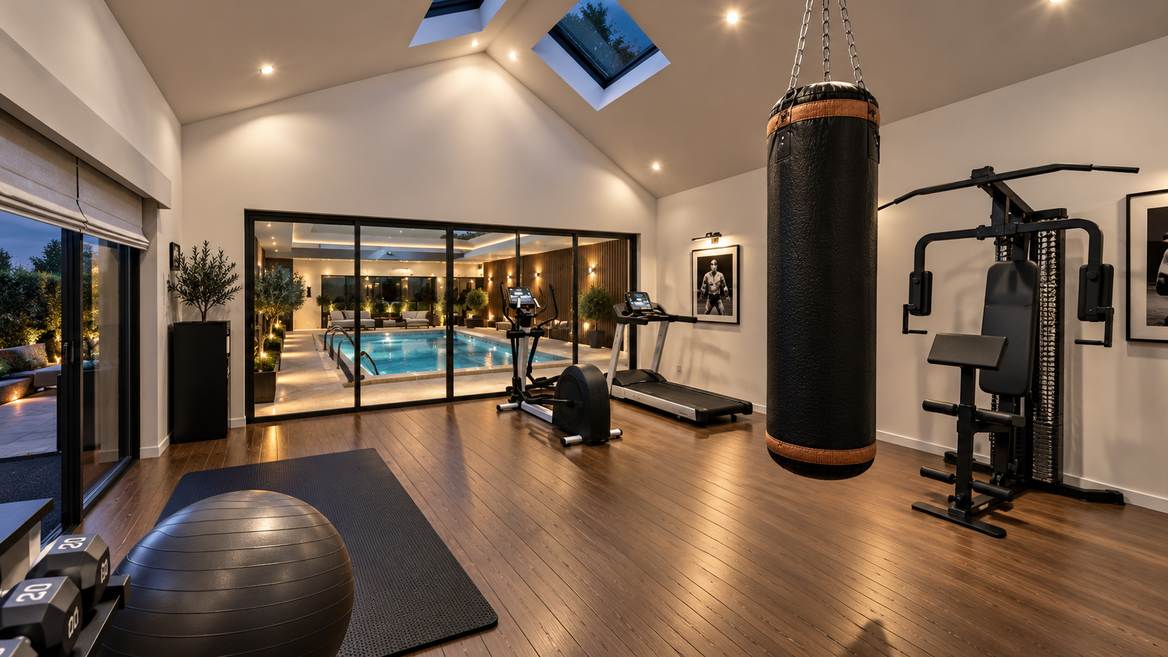Luxury home gym and fitness studio featuring a vaulted ceiling, rooflights, timber flooring, bespoke exercise facilities and full-height glazing overlooking the indoor swimming pool.