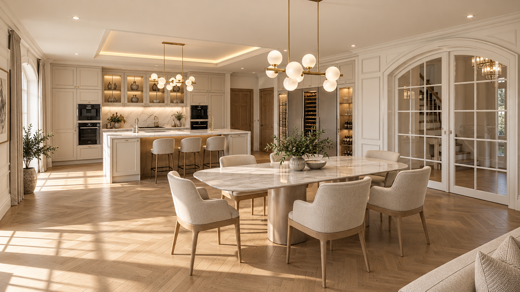 Luxury kitchen and dining interior in a Georgian-style Lancashire home, featuring bespoke cabinetry, a central island, elegant lighting, oak flooring and traditional arched glazed doors.