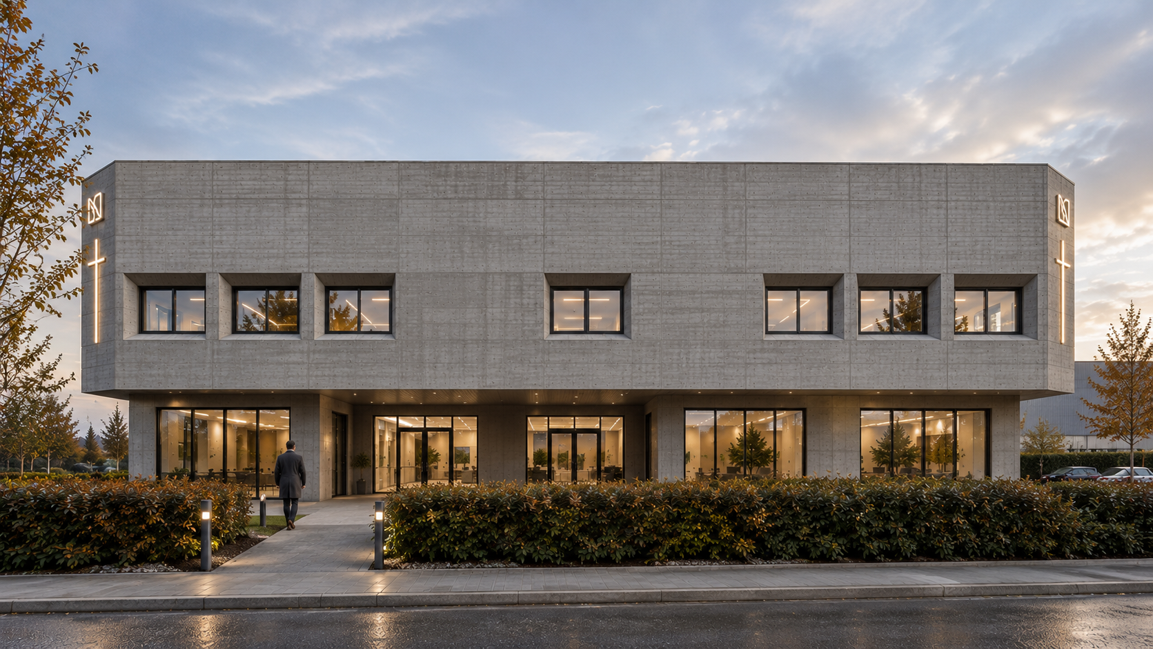 Light Church, Coronation Way, Wesham, Lancashire — contemporary Christian church and community building. The architectural proposal features a bold, rectilinear form with concrete-effect cladding, recessed ground-floor glazing, illuminated cross deta