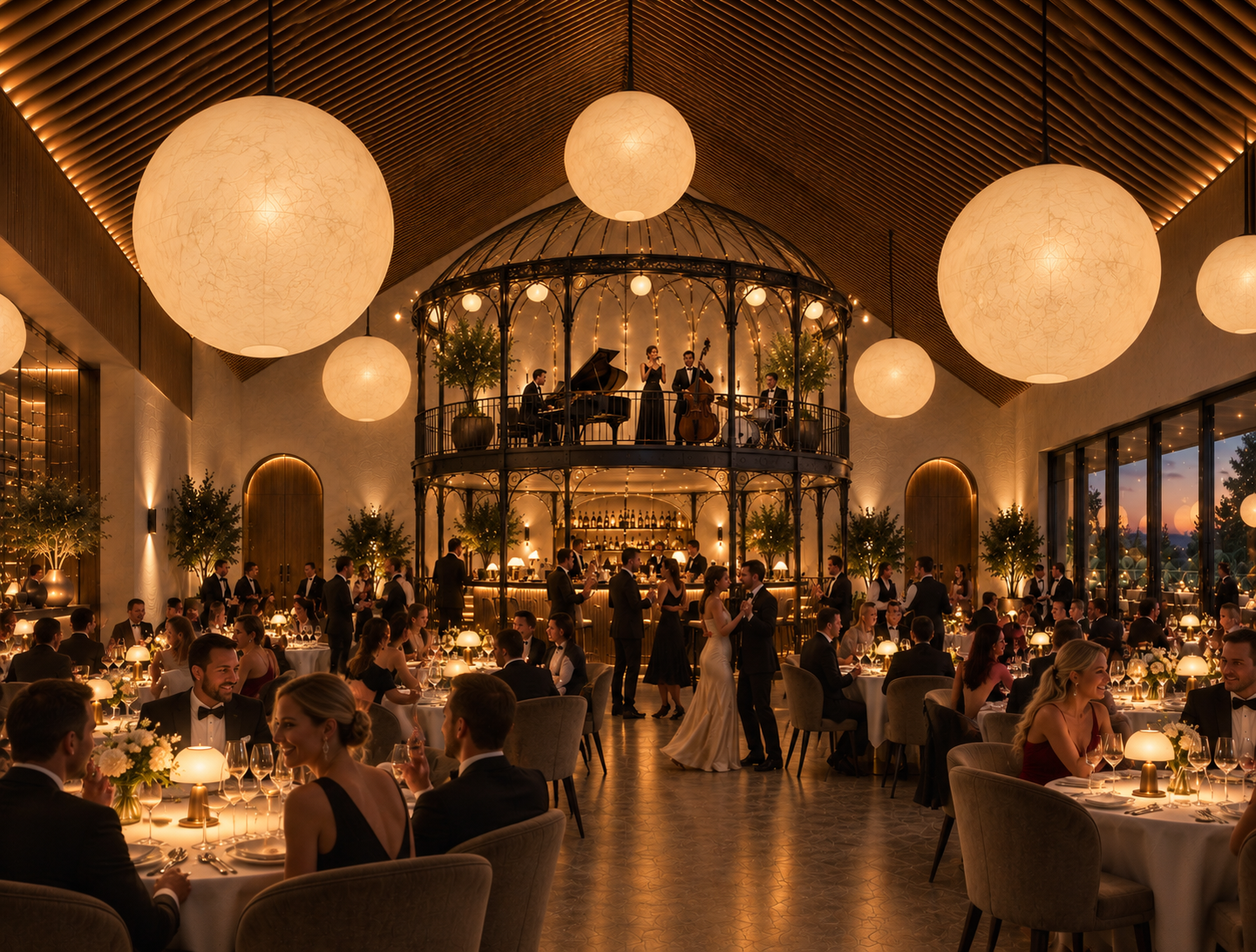 Elegant evening restaurant and dinner-dance venue featuring intimate table settings, atmospheric lighting, a central dance floor and elevated bird cage concept stage for live music and cabaret entertainment.