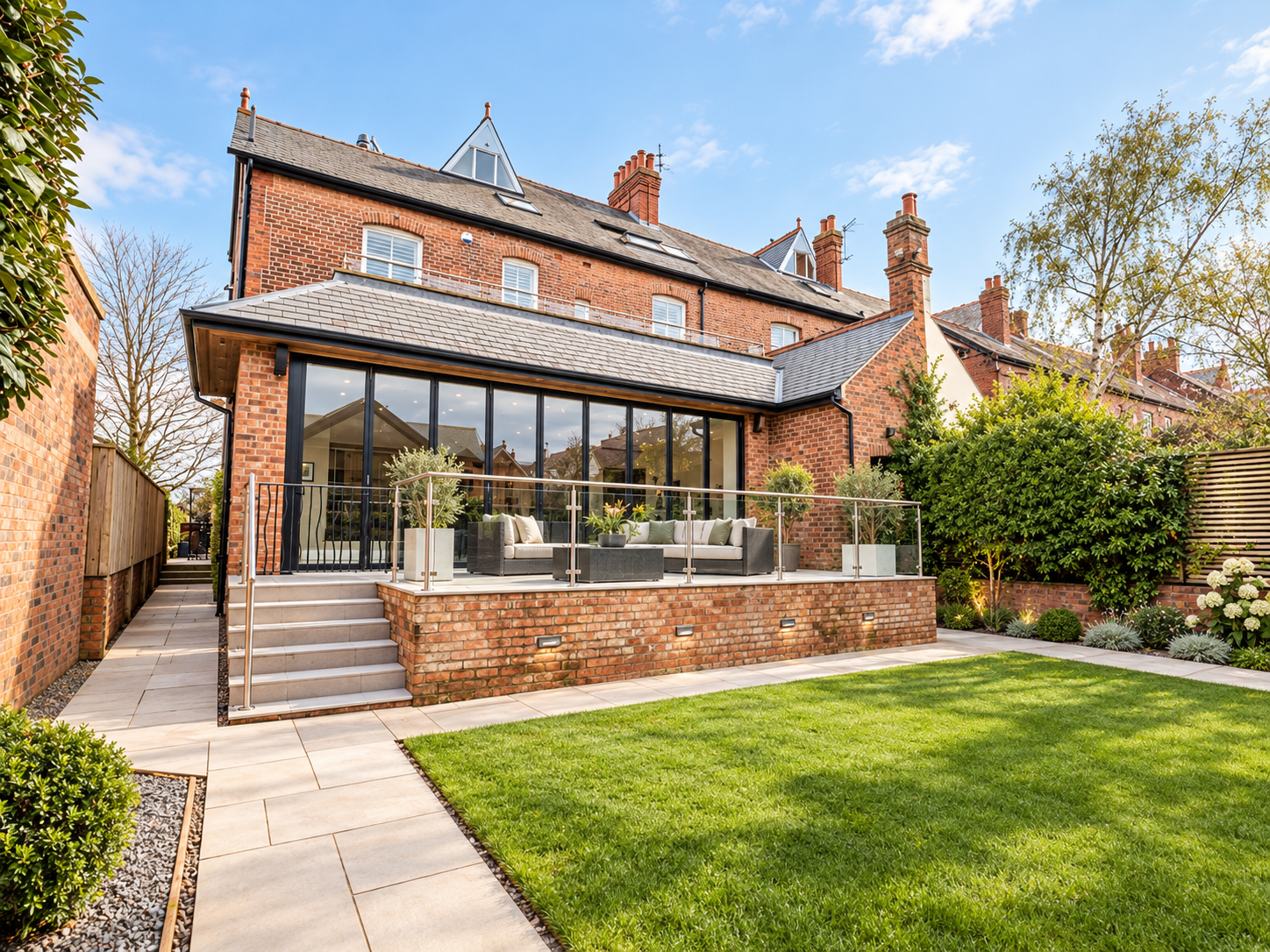 Rear Extension — Contemporary glazed extension and raised terrace, carefully integrated with the original red-brick residence.
