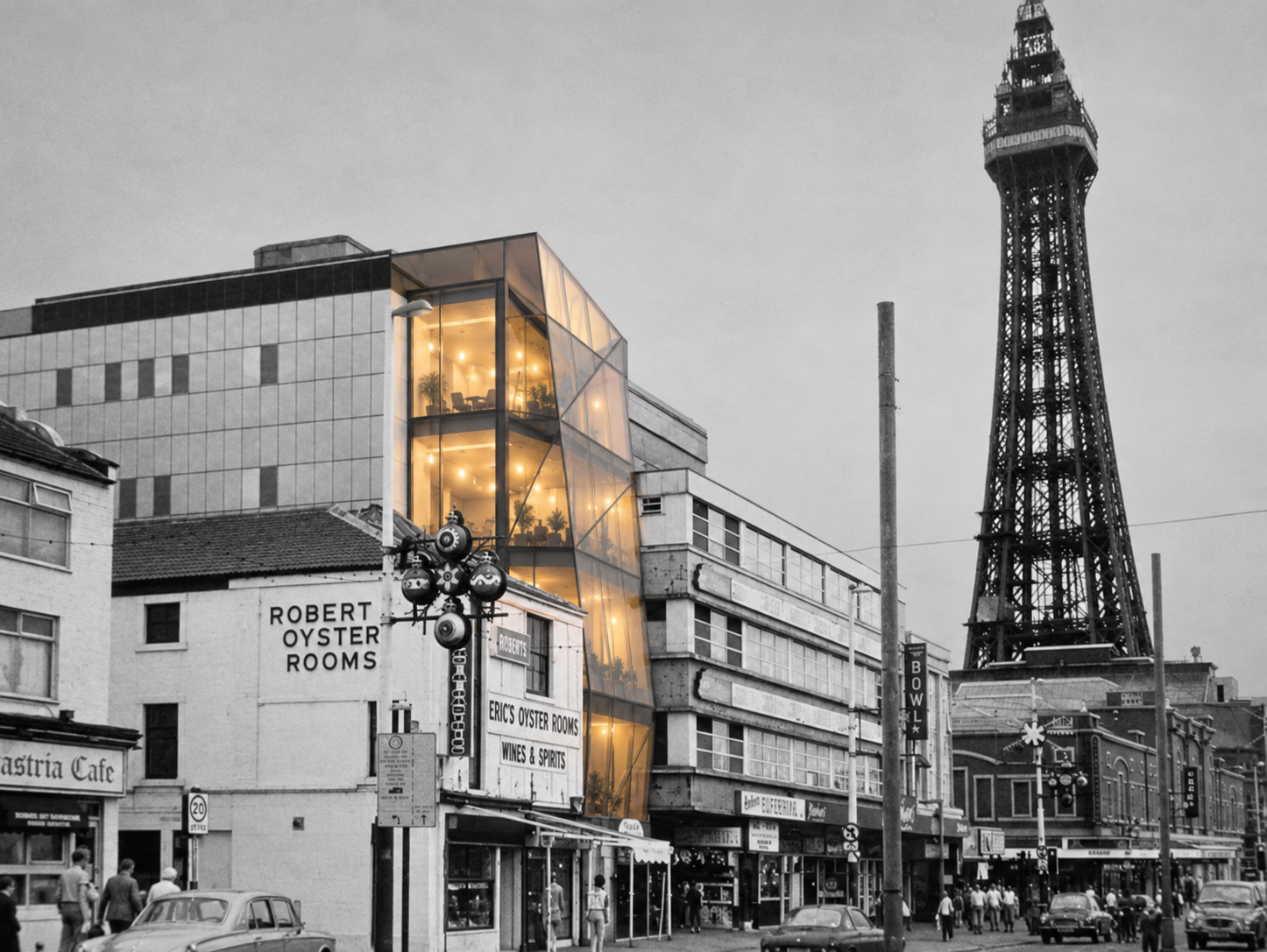 Gifts Galore, Blackpool Promenade — Commercial Redevelopment — architectural proposal for the redevelopment of a prominent seafront property adjacent to Blackpool Tower, incorporating a contemporary bar and restaurant with luxury penthouse accommodat