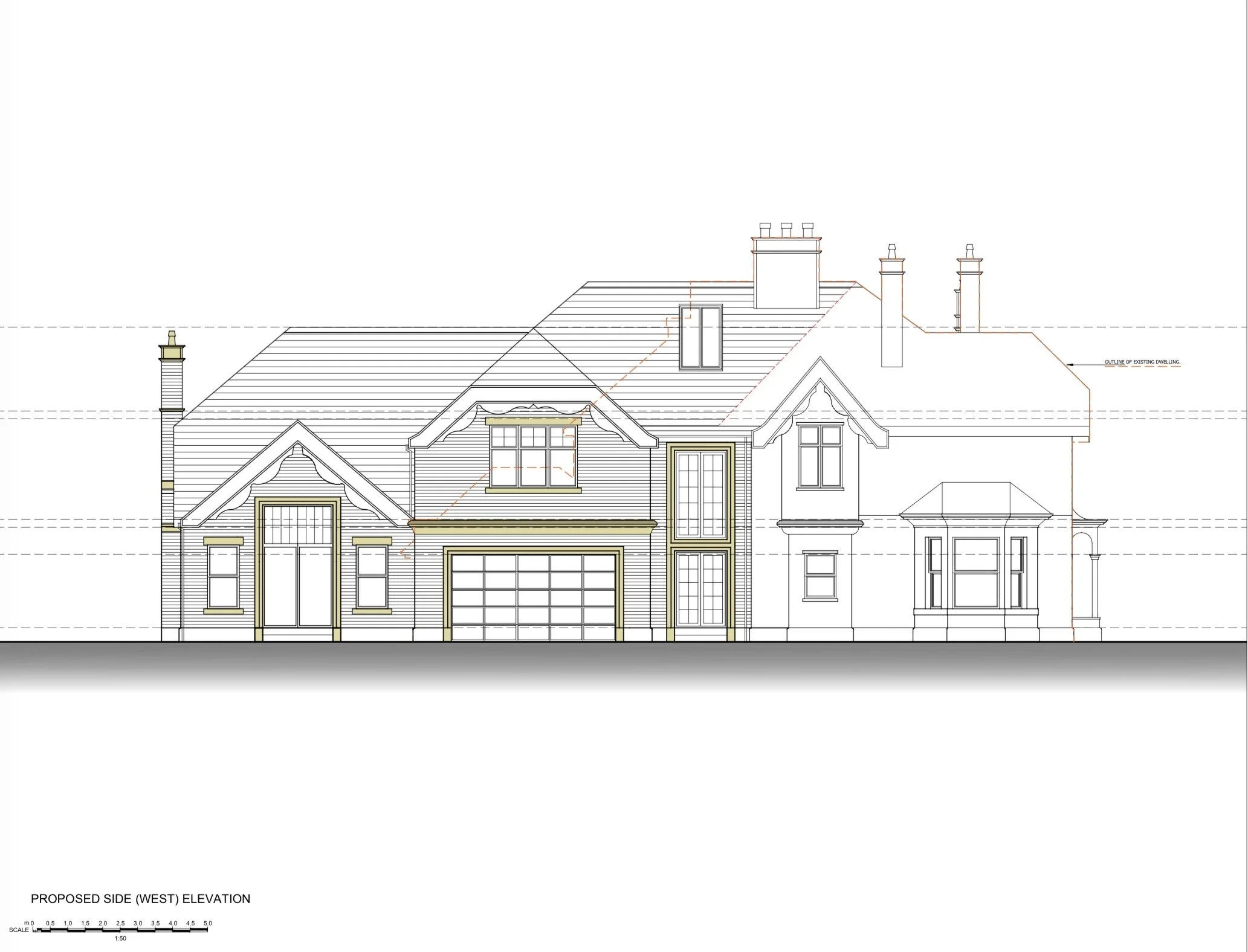 Thirlmere, Moss House Lane, Wrea Green, Lancashire — Proposed Driveway Elevation — Architectural planning drawing illustrating the remodelled driveway frontage, incorporating an integrated garage, extended accommodation, traditional pitched roofs and
