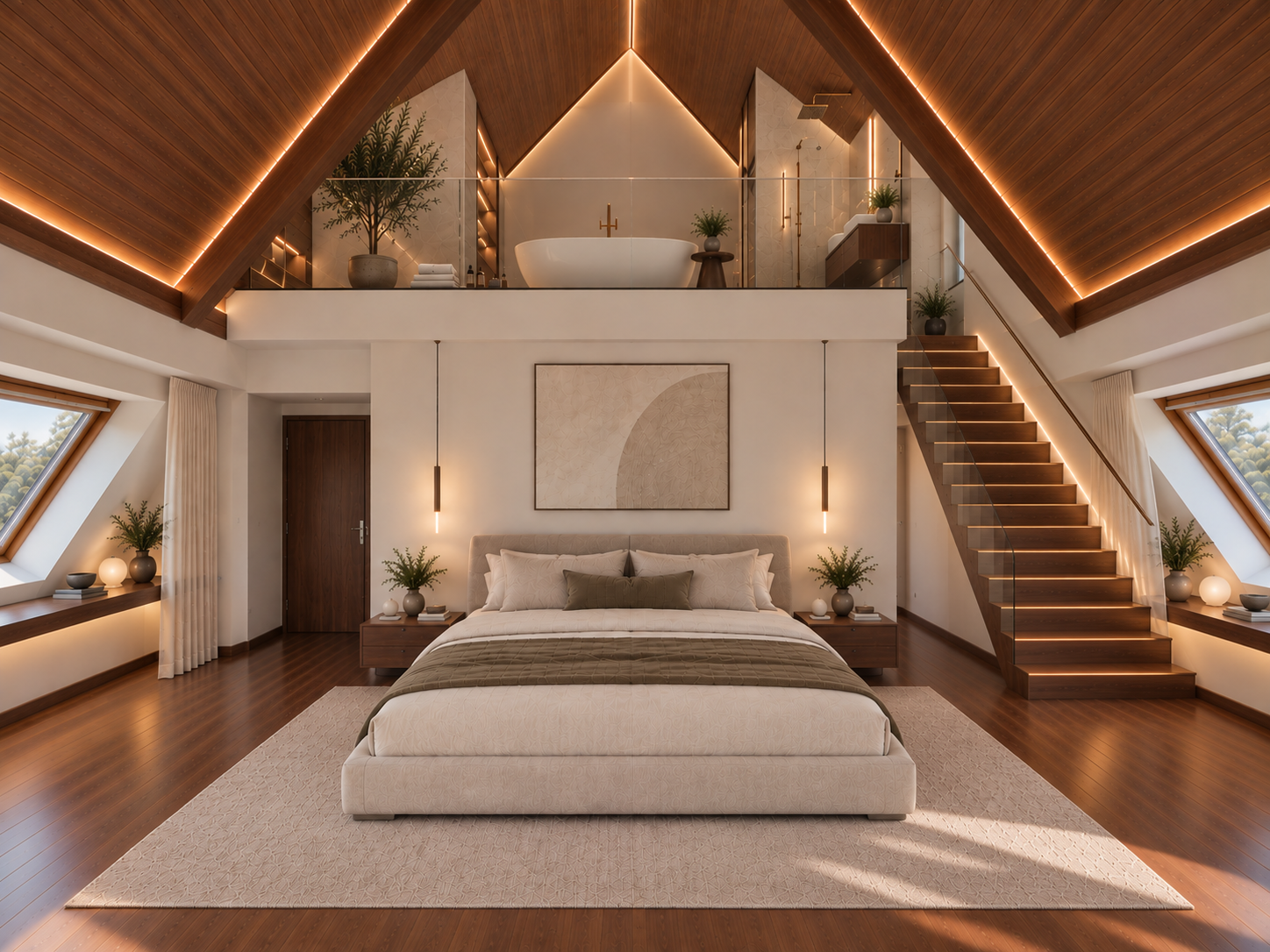 Luxury country house bedroom featuring a dramatic vaulted timber ceiling, bespoke architectural lighting, mezzanine bathroom gallery and private staircase, combining contemporary interior design with traditional architectural character.