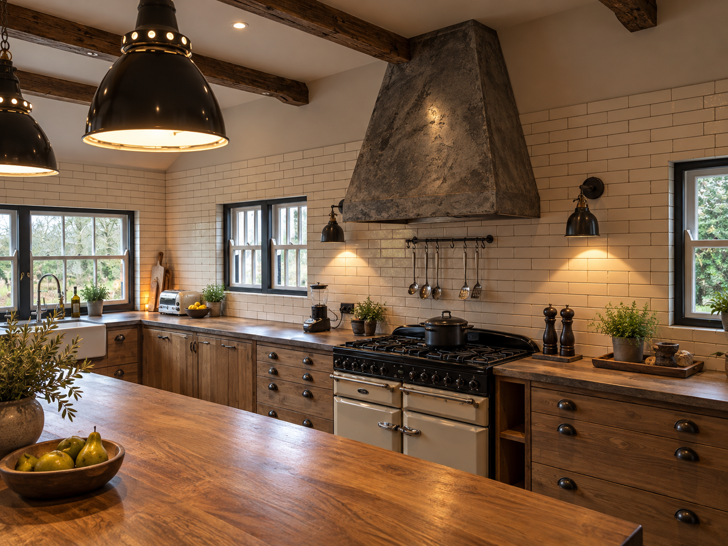 Bespoke farmhouse kitchen featuring a handcrafted zinc extractor hood, detailed worktops, natural timber cabinetry and traditional fittings.