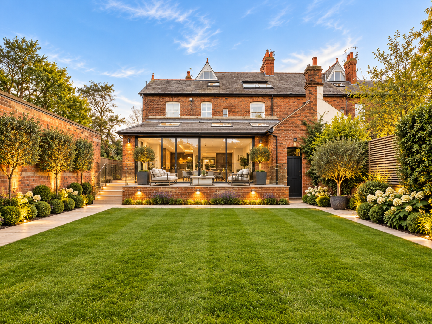 Rear Garden Elevation — View across the landscaped lawn towards the extended period residence and contemporary garden room.