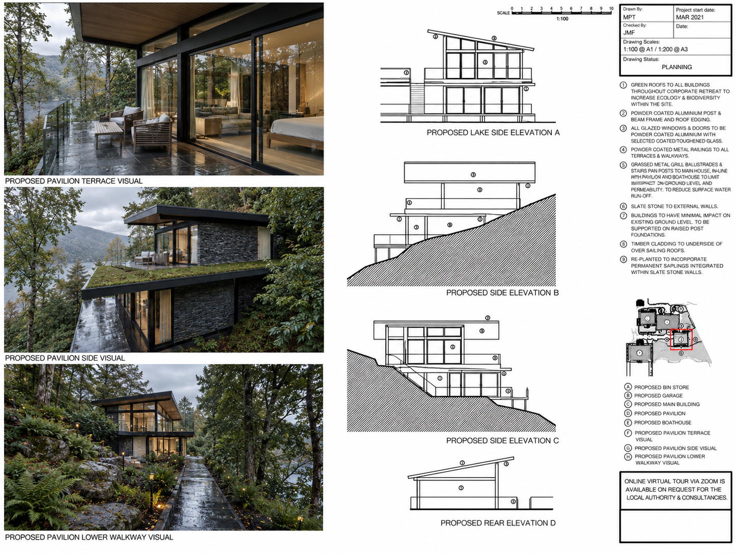 Lakeside Corporate Retreat, Windermere — Spa Accommodation and Gym Pavilion — planning-approved contemporary pavilion incorporating private guest accommodation, wellness facilities and a gym within a steeply sloping wooded site overlooking Lake Winde