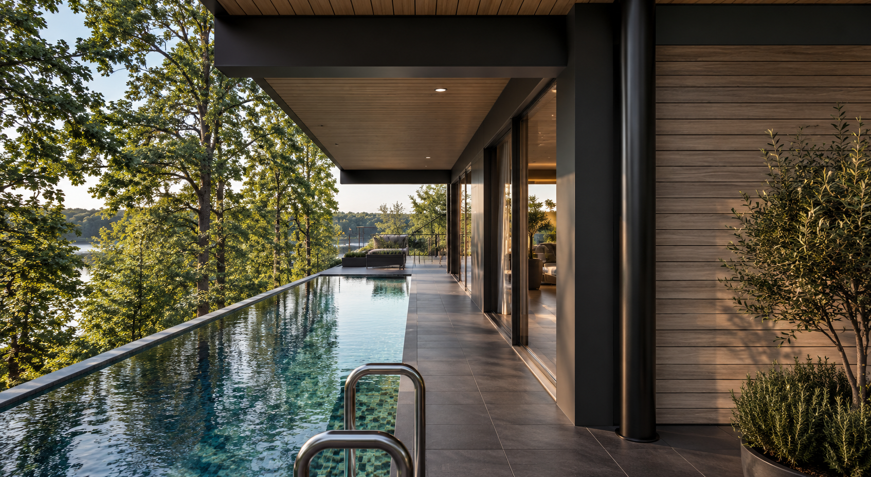 Lakeside Corporate Retreat, Windermere — Luxury Spa and Infinity Pool — architectural visualisation of the planning-approved lakeside spa, featuring an outdoor infinity-edge swimming pool overlooking Lake Windermere. The contemporary wellness pavilio