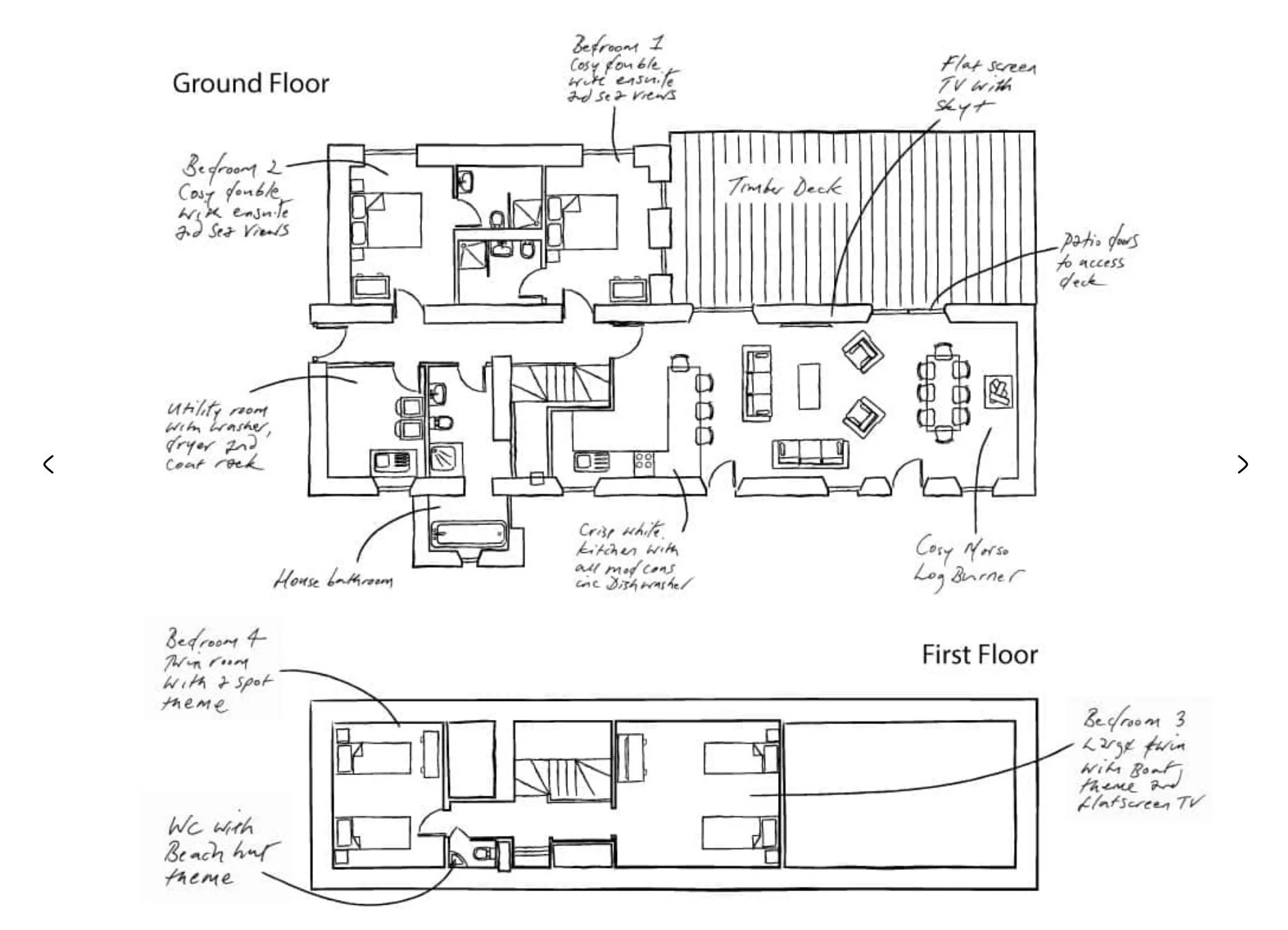 Sketch floor plans illustrating the layout, spatial organisation and integration of contemporary living spaces within the traditional stone building.