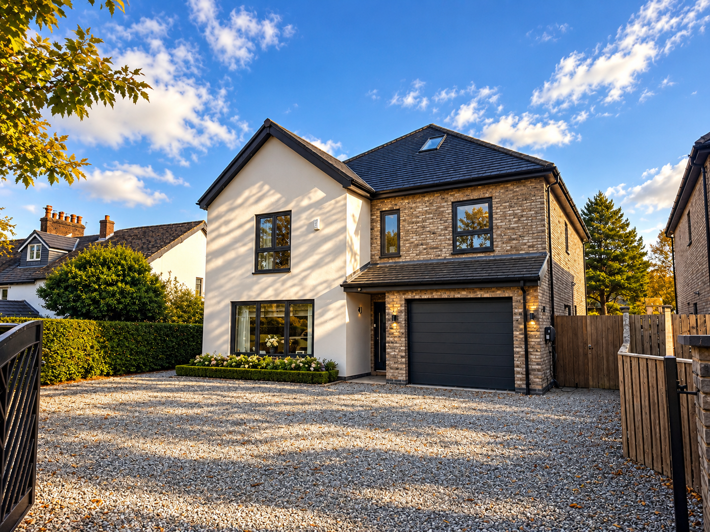 Architectural elevation of the two new-build eco homes at Ribby Road, Wrea Green, Lancashire, designed by Joel Firth with a focus on sustainable construction, energy efficiency and traditional residential character.