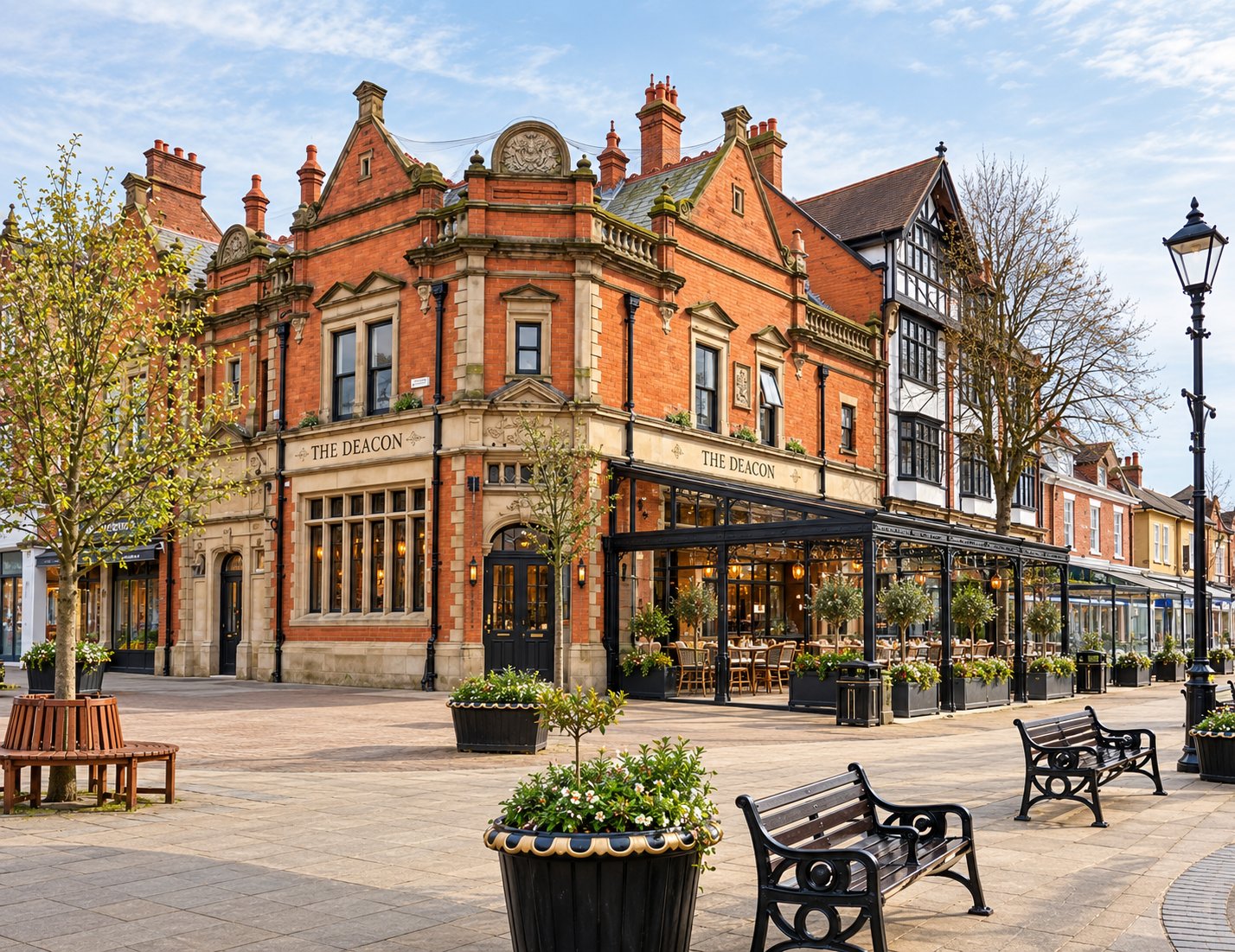 The Deacon, 84 Clifton Street, Lytham, Lancashire — historic former bank converted into a restaurant and bar, with architectural design and a new external canopy by Joel Firth.