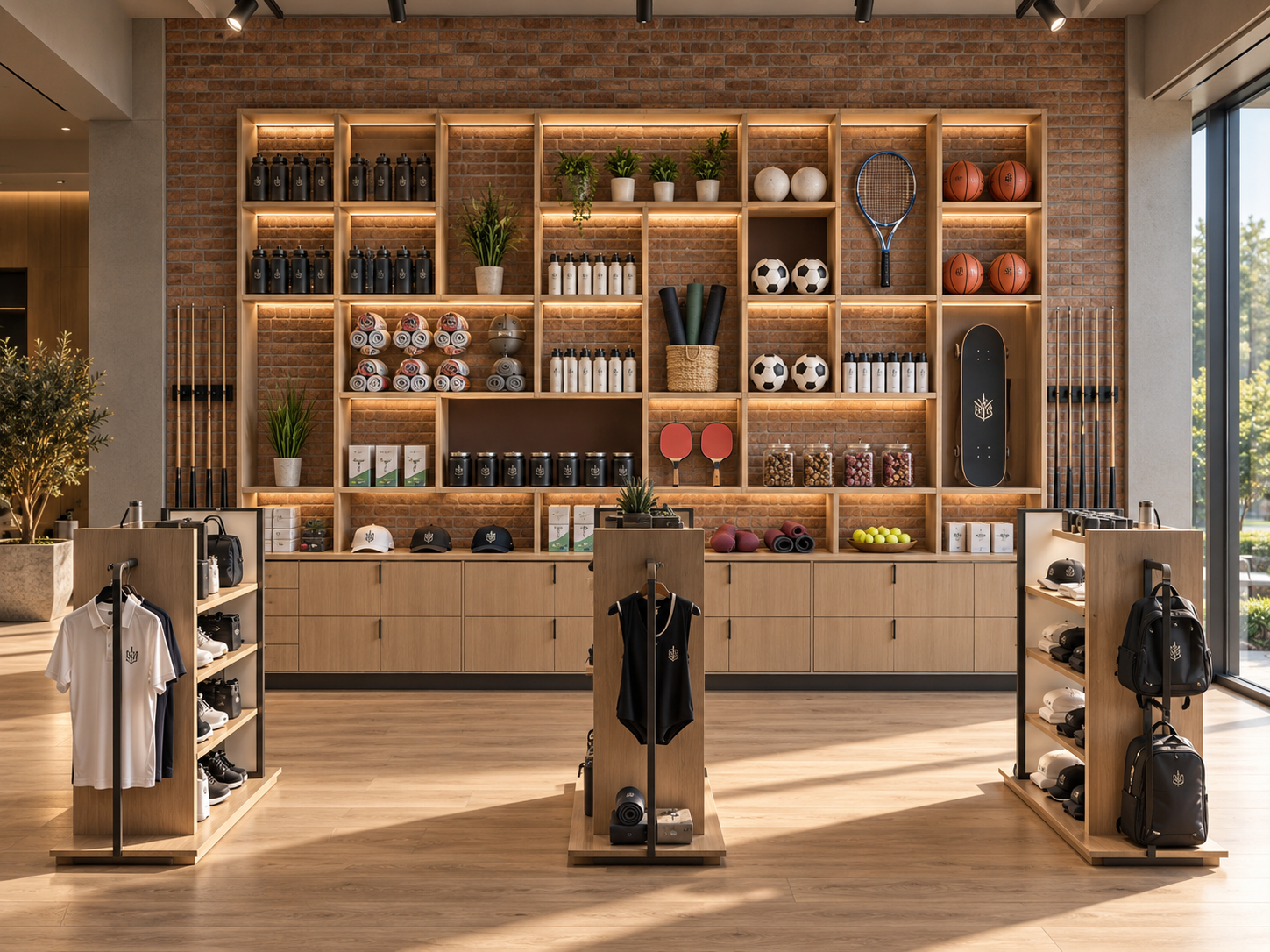 Leisure Barns, Lancashire — Sports Club Reception and Shop
Contemporary sports club reception and retail area featuring bespoke timber displays, integrated lighting and a curated selection of sports equipment, clothing and accessories within the plan