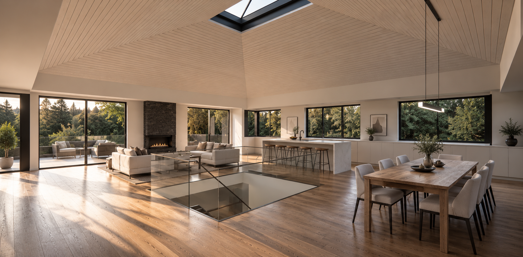 Keldwyth Drive, Windermere — contemporary open-plan kitchen, dining and living space featuring vaulted ceilings, rooflights, natural timber flooring and expansive glazing overlooking the woodland setting.
