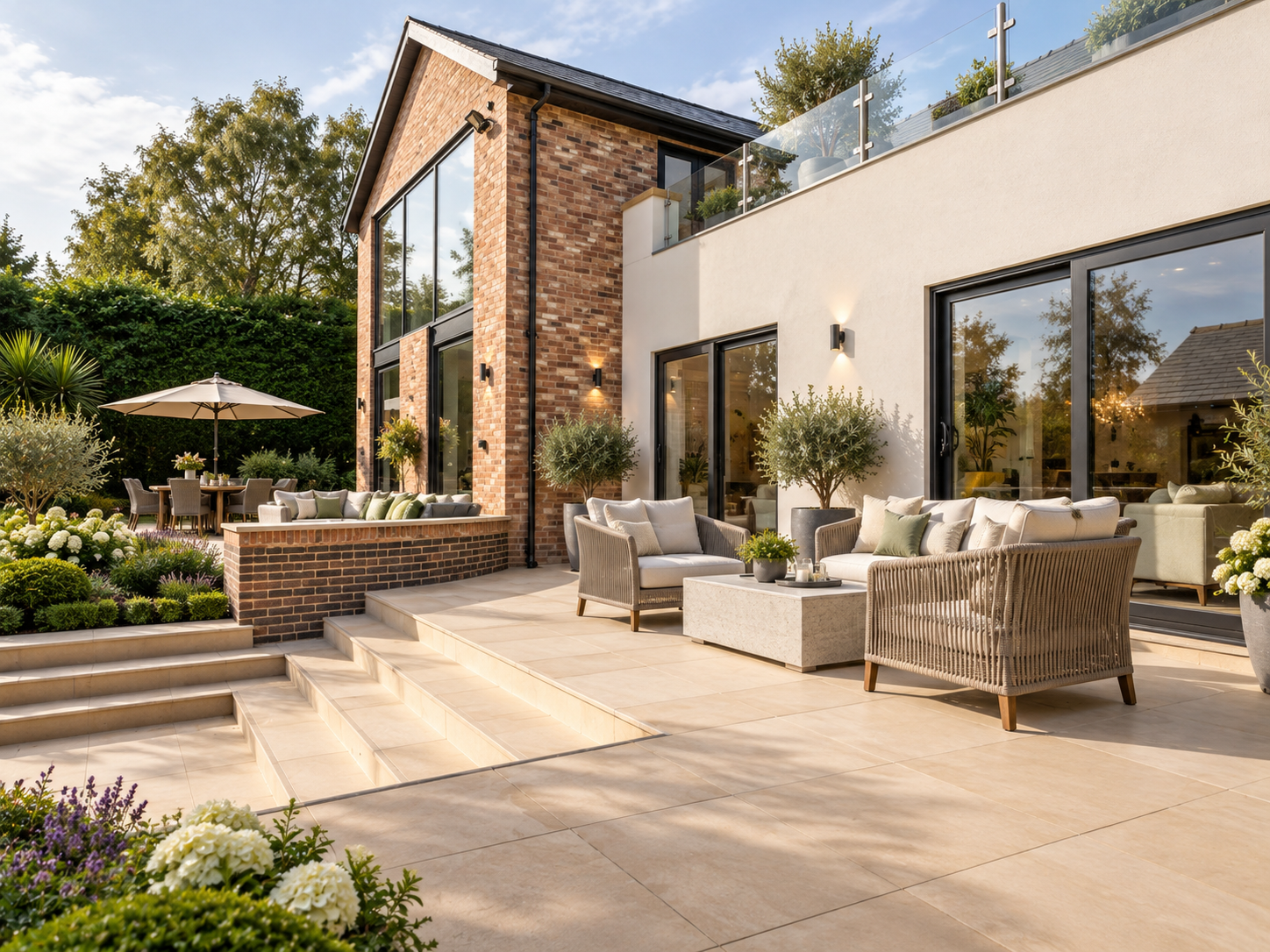 Garden Terrace — Contemporary rear extension opening onto a generous stone terrace with outdoor seating and landscaped gardens.