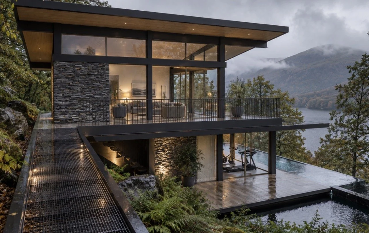 Lakeside Corporate Retreat, Windermere — Spa Pavilion with Lake Views — architectural visualisation of the planning-approved spa and wellness pavilion overlooking Lake Windermere. The contemporary design incorporates natural stone, floor-to-ceiling g