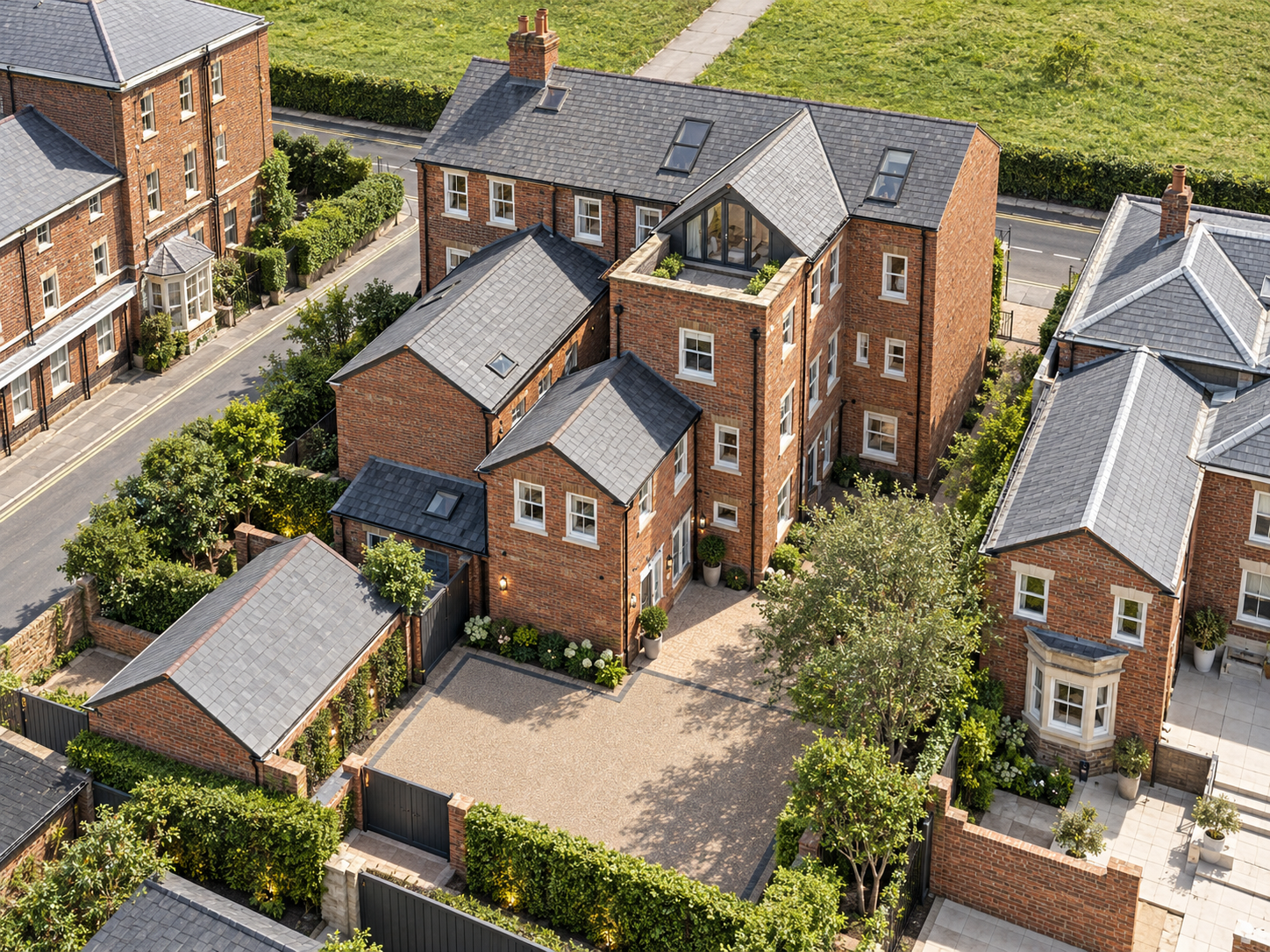 6 West Beach, Lytham, Lancashire — aerial rear view of the completed apartment development, showing the traditional red-brick architecture, extended roof accommodation, private balconies, landscaped courtyard and ancillary buildings.