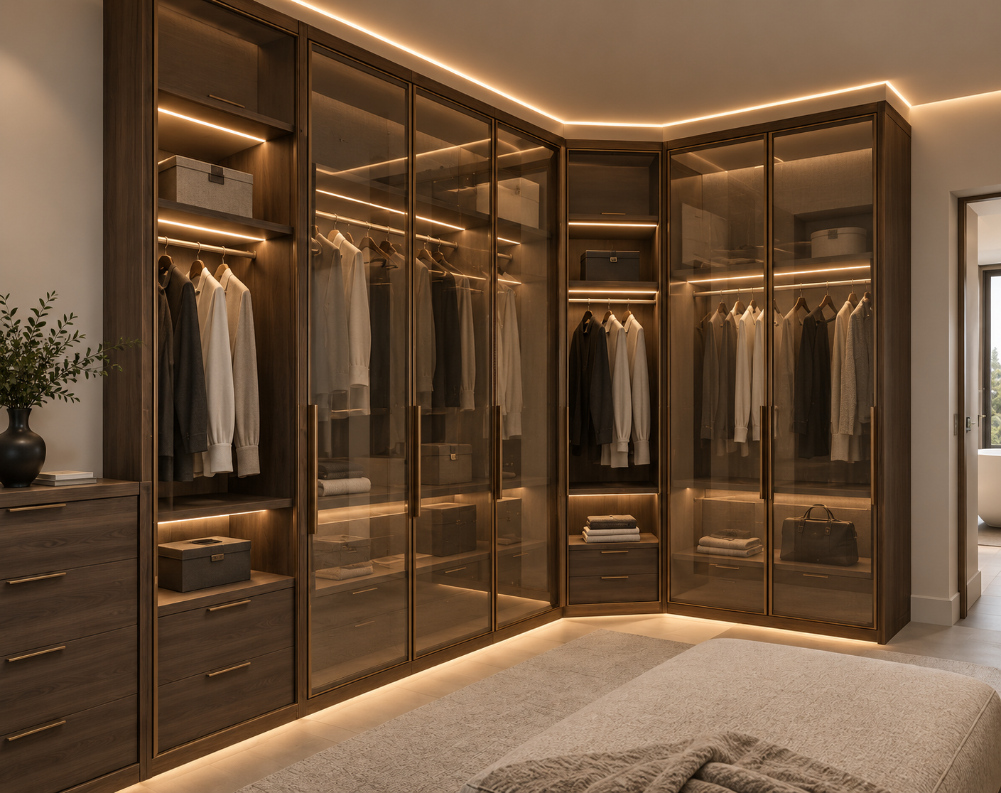 Bespoke dressing room in Lytham, Lancashire, designed by Chartered Architect and Designer Joel Firth. The luxury walk-in wardrobe combines custom-built cabinetry, glazed wardrobe doors, integrated LED lighting and carefully planned storage to create 