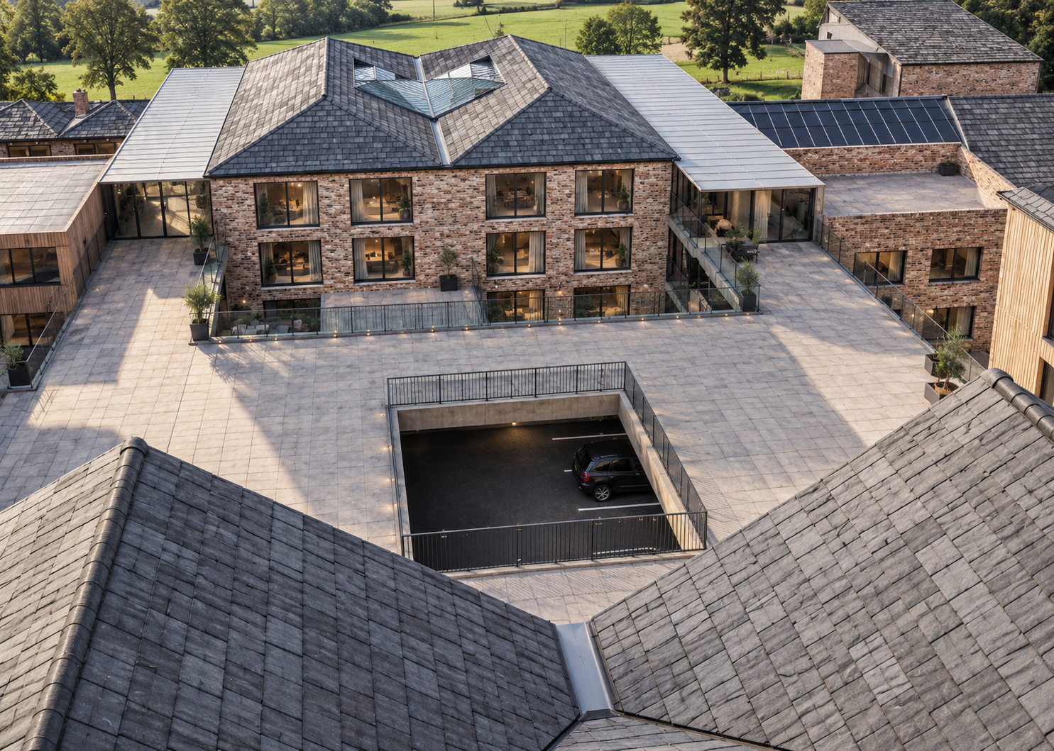Aerial architectural visualisation of the proposed Lower Salle conversion at Roach Bridge Mill, showing the transformation of the former industrial building into contemporary commercial accommodation.

