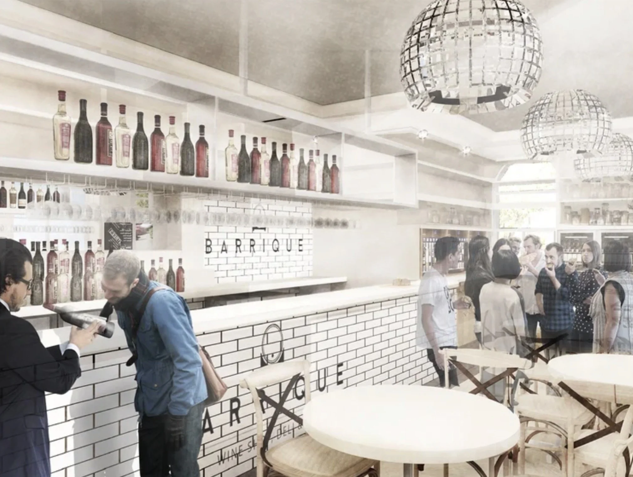Barrique, Lytham St Annes — Deli and Wine Bar Interior Design — contemporary hospitality interior combining a delicatessen and wine bar, featuring white metro-tiled counters, bespoke bottle displays, industrial-style pendant lighting and informal caf
