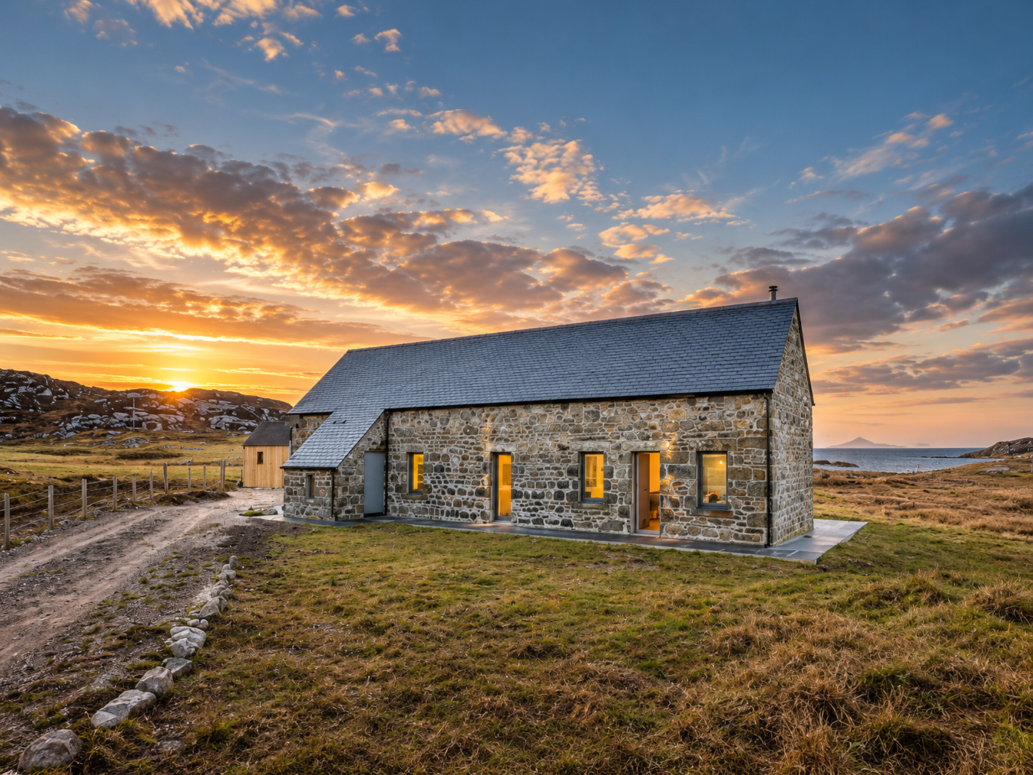 Restored stone cottage illuminated by the setting sun across the Hebridean landscape.