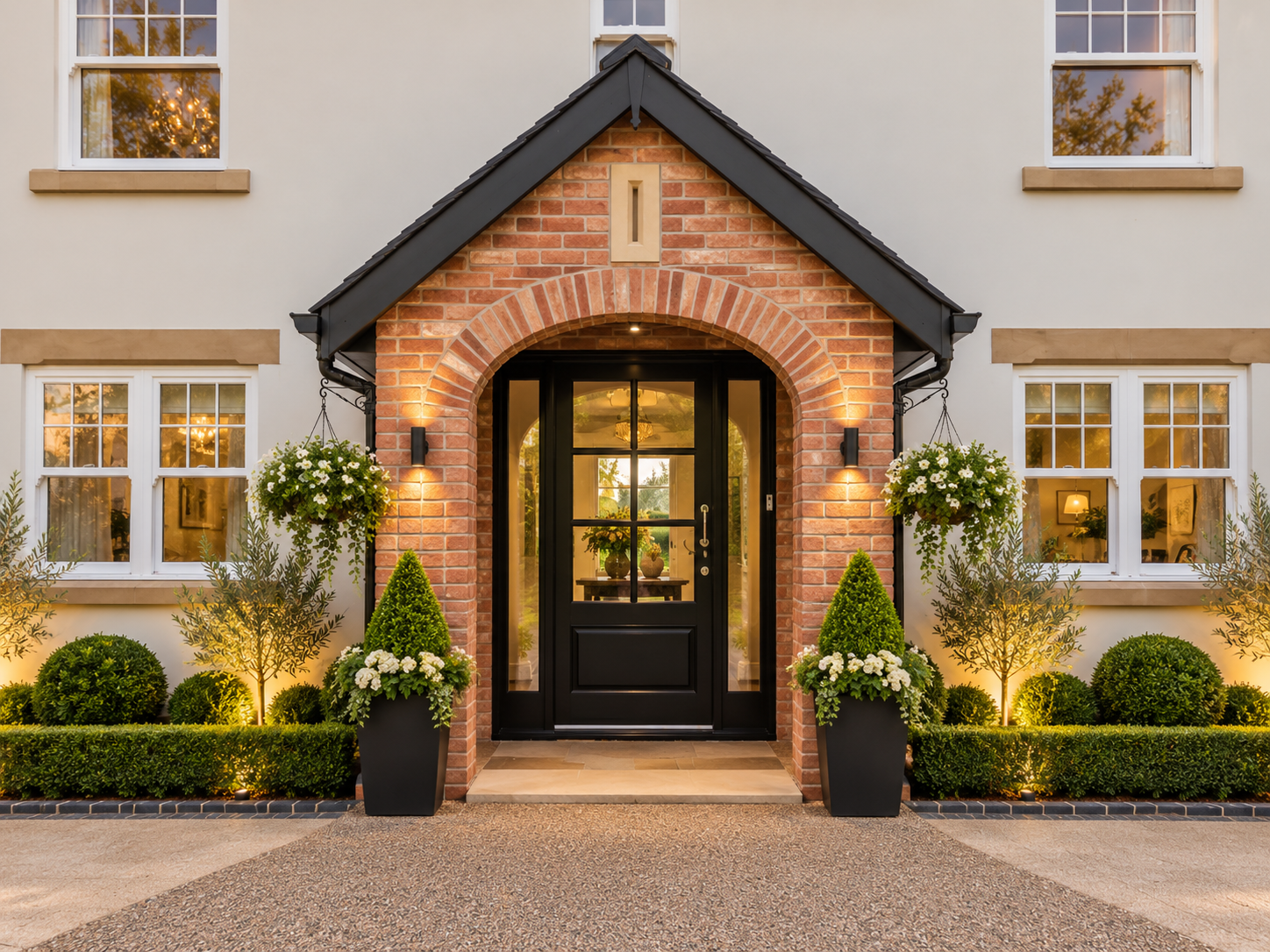 Main Entrance — Bespoke glazed entrance door framed by traditional brickwork, architectural lighting and landscaped planting.