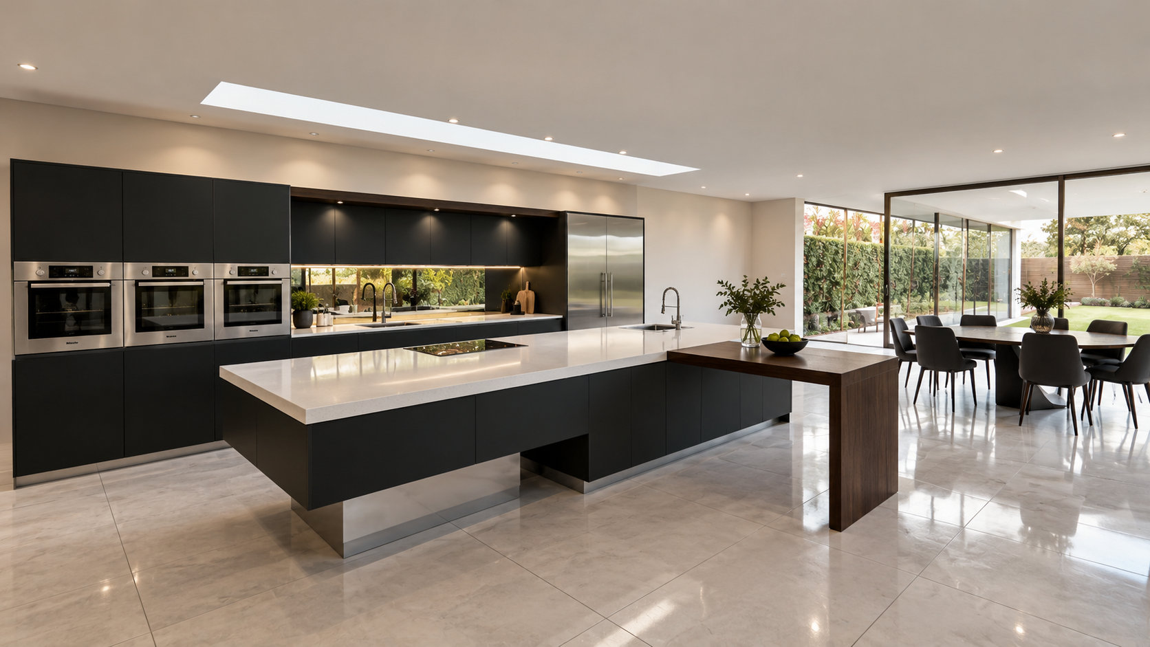 Contemporary kitchen by Ulmo, featuring bespoke cabinetry, sculptural island worktops, integrated appliances and seamless connections to the dining area and garden.
