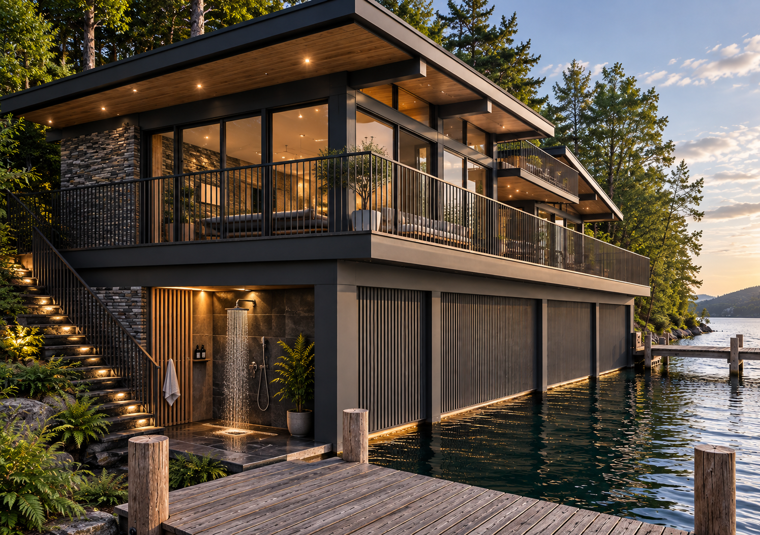 Lakeside Corporate Retreat, Windermere — Contemporary Boathouse Design — architectural visualisation of a contemporary boathouse forming part of the planning-approved lakeside retreat.