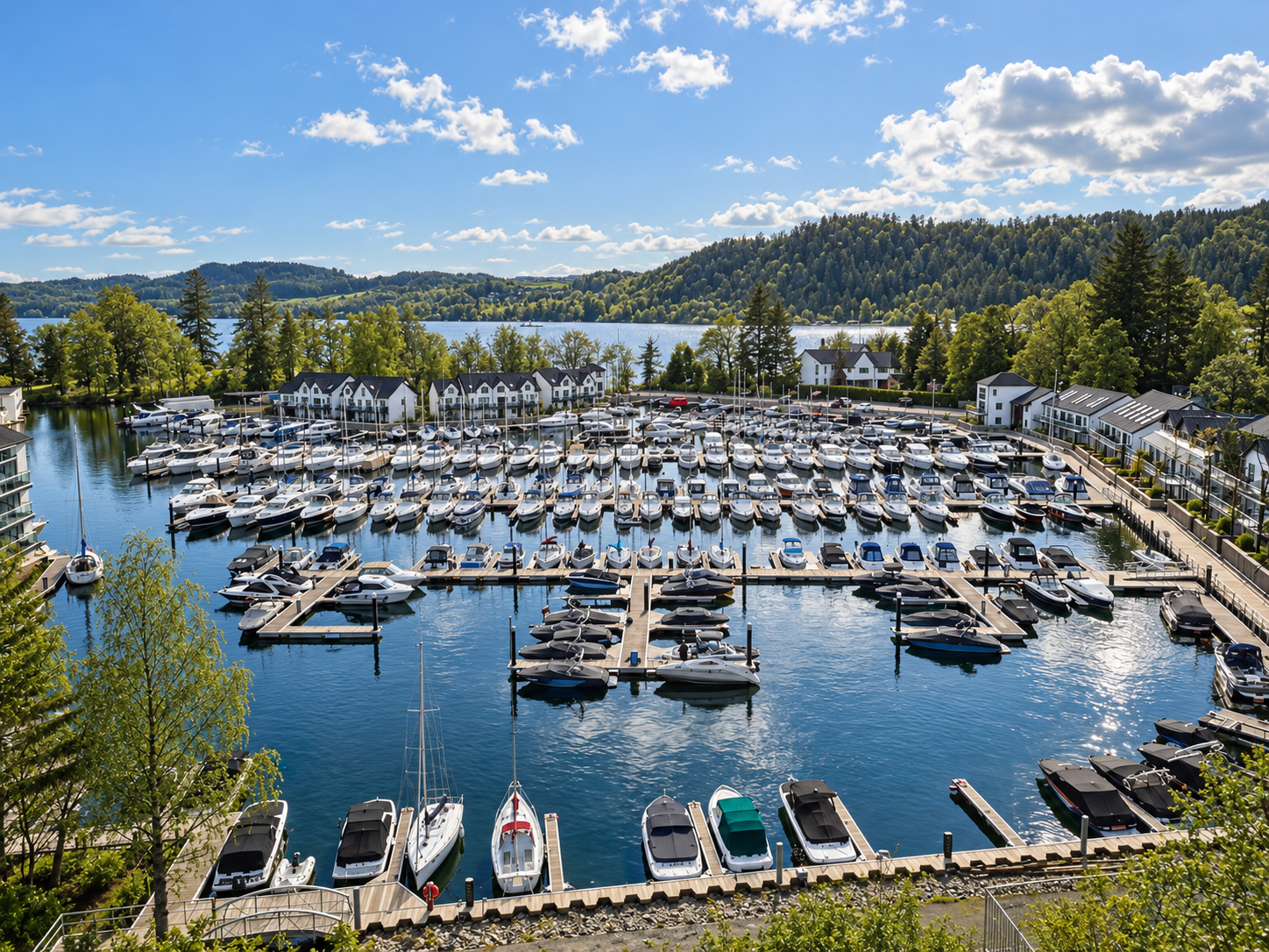 Windermere Marina Village, Lake District, Cumbria — aerial view of the established marina and waterfront setting, where Joel Firth designed two phases of traditional timber-framed houses and apartments between 2003 and 2005, within the Lake District 