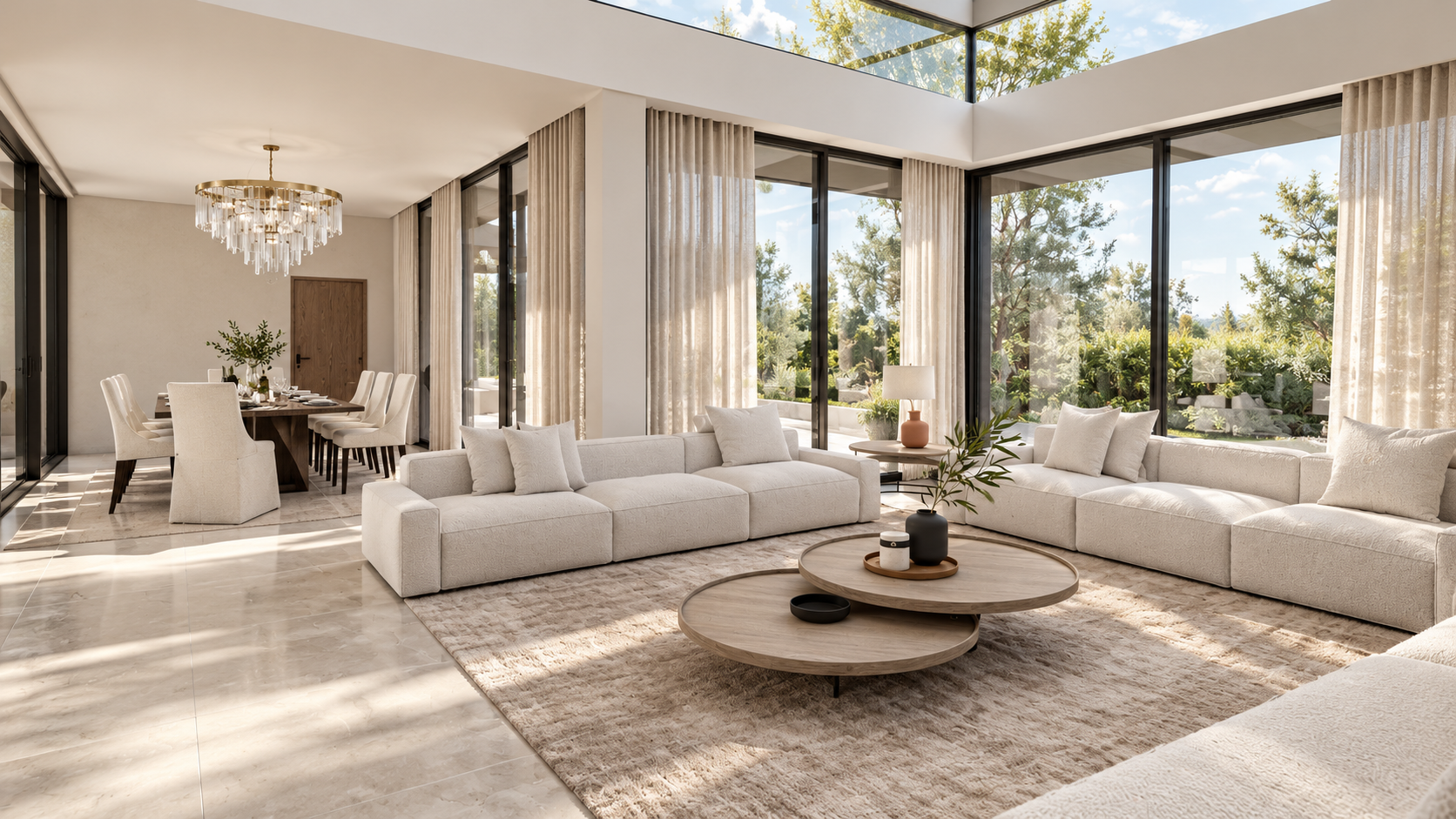 Luxury reception and meeting space featuring contemporary lounge seating, an elegant dining area, floor-to-ceiling glazing, architectural rooflights and landscaped garden views.