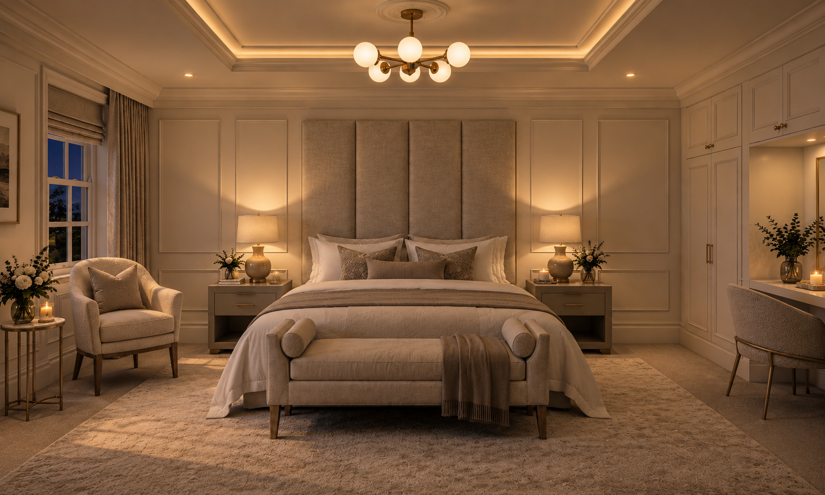 Silver Birches, Islay Road, Lytham — luxury principal bedroom interior featuring bespoke wall panelling, upholstered headboard, integrated dressing area and elegant ambient lighting.
