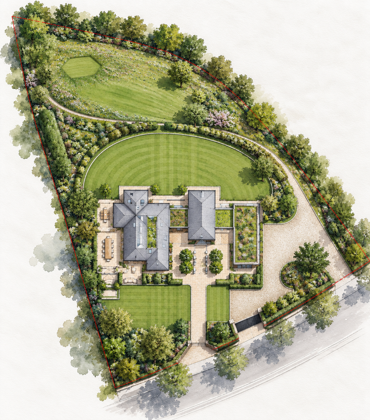 Illustrated site and landscape plan for Bankfield, Poolfoot Lane, Singleton, Lancashire, a bespoke new-build country house designed by Chartered Architect Joel Firth. The plan shows the house positioned within extensive landscaped grounds, with forma