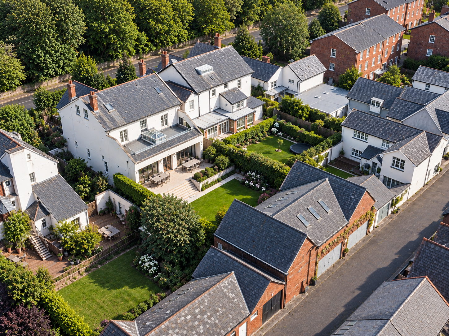 Aerial Site View — Aerial view illustrating the relationship between the main residence, rear garden and separate annexe building.