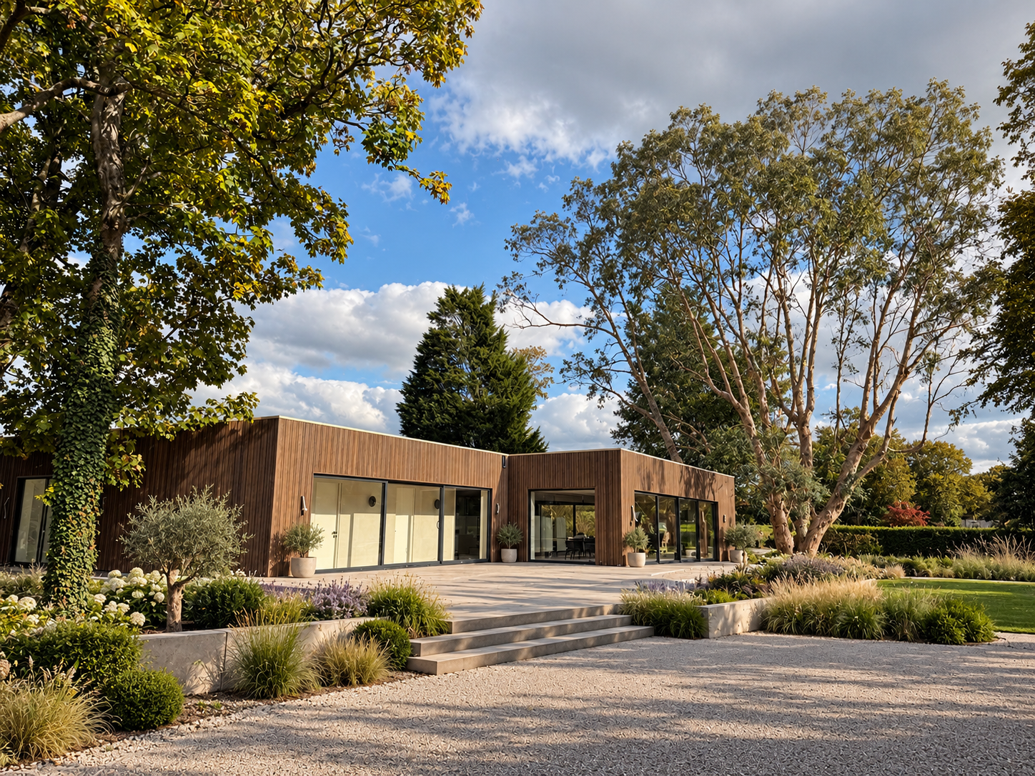 Completed private swimming pool structure at Thirlmere, Moss House Lane, Wrea Green, designed by Chartered Architect Joel Firth as part of a planning-approved residential renovation and extension project.