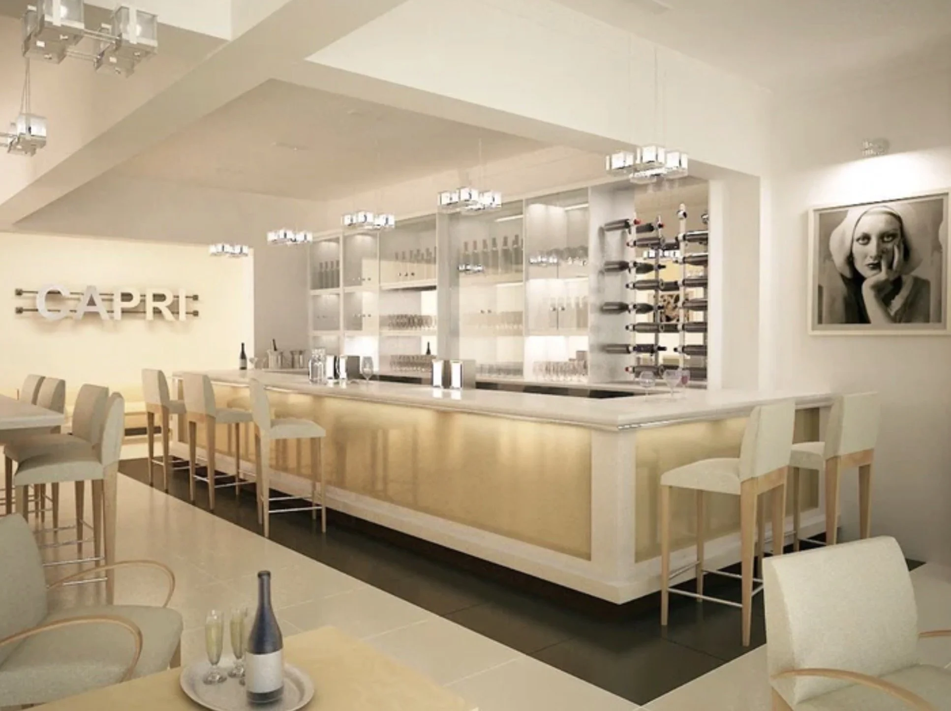 Capri Wine Bar, Lytham St Annes — Interior Design — contemporary wine bar featuring a bespoke illuminated bar, elegant display shelving, refined neutral finishes and upholstered seating. The design combines understated luxury with a sophisticated Eur