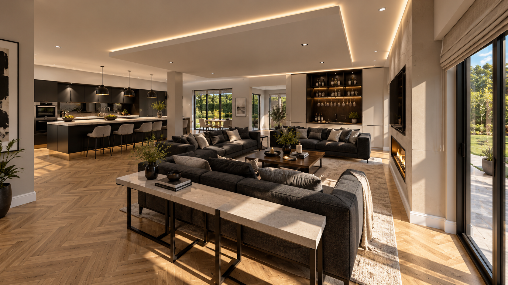 7 Church Drive, Lytham — luxury open-plan kitchen and family lounge featuring bespoke cabinetry, herringbone oak flooring, contemporary fireplace, recessed LED lighting and expansive garden glazing.