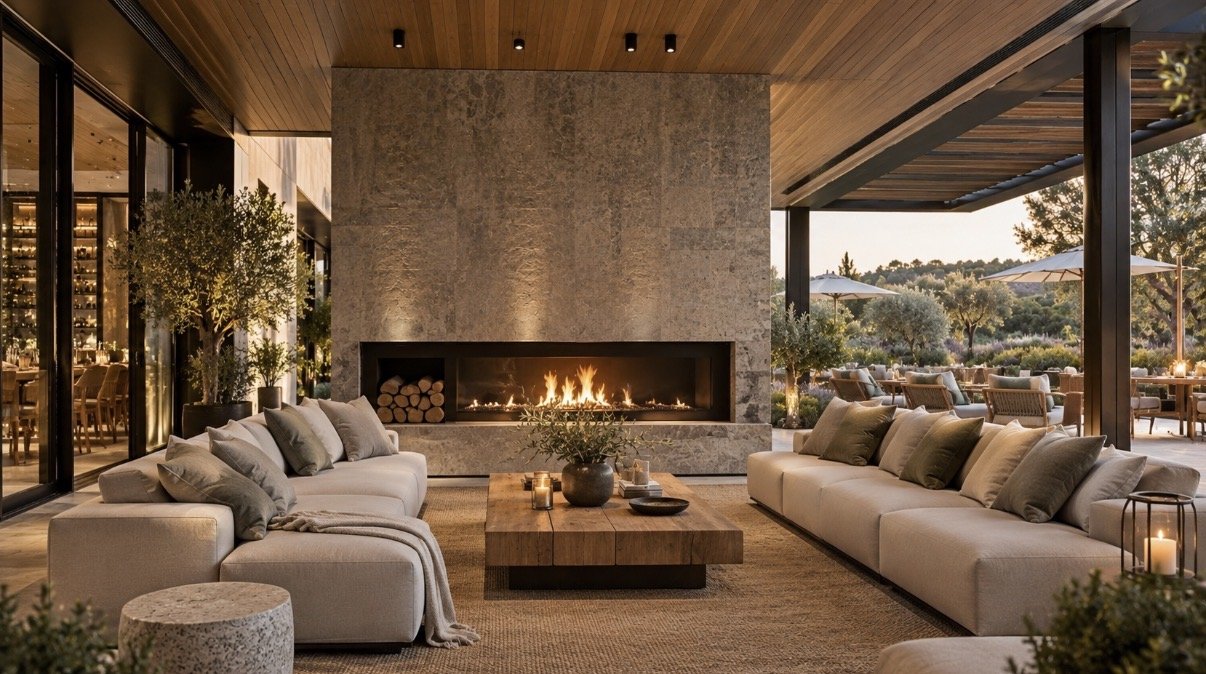 Destination Spa — Outdoor Lounge and Terrace Design — contemporary covered outdoor lounge featuring a dramatic stone fireplace, natural timber ceiling, generous upholstered seating and expansive openings onto landscaped gardens. The design creates a 