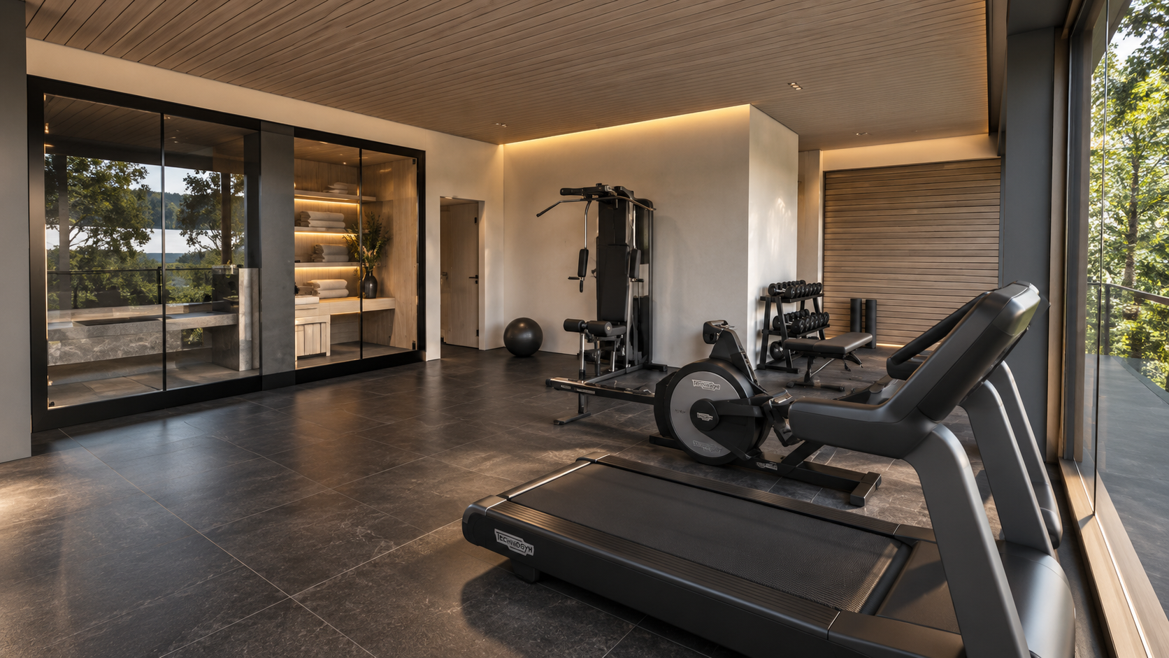 Lakeside Corporate Retreat, Windermere — Spa Gym and Fitness Suite — interior visualisation of the planning-approved luxury spa and wellness pavilion, featuring a private gym with cardio and strength-training equipment. Floor-to-ceiling glazing provi