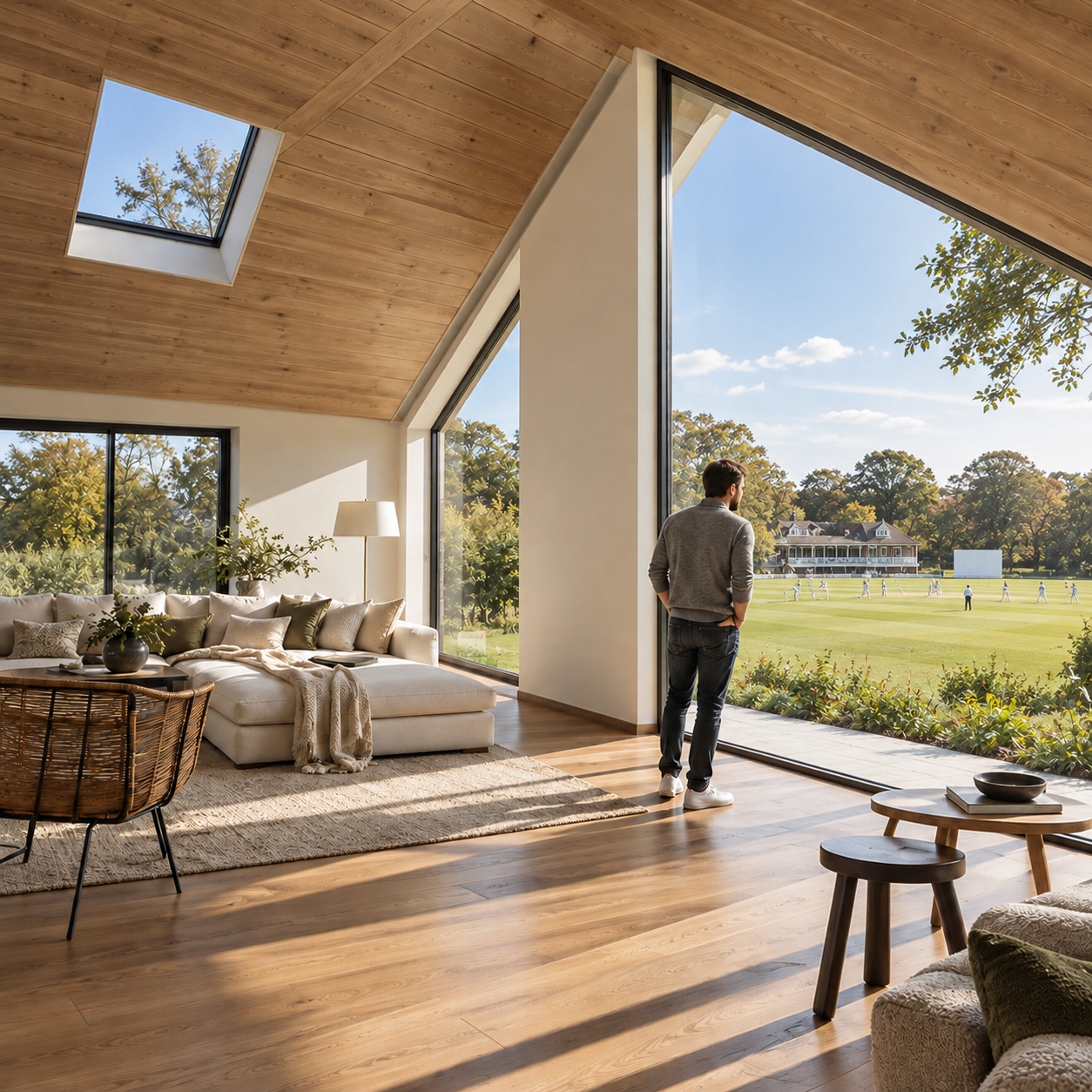 St Cuthbert’s Close, Lytham St Annes, Lancashire — contemporary residential architecture and interior design overlooking Lytham Cricket Ground by Chartered Architect Joel Firth. The design features a dramatic vaulted ceiling with natural timber finis