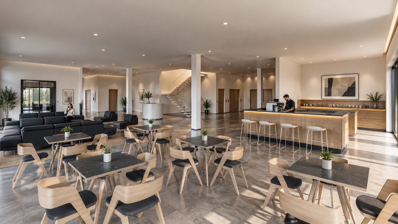 Light Church, Wesham, Lancashire — interior architectural concept for the church’s contemporary café and communal gathering space. The open-plan design combines informal seating, café tables, a central serving counter and comfortable lounge areas, cr
