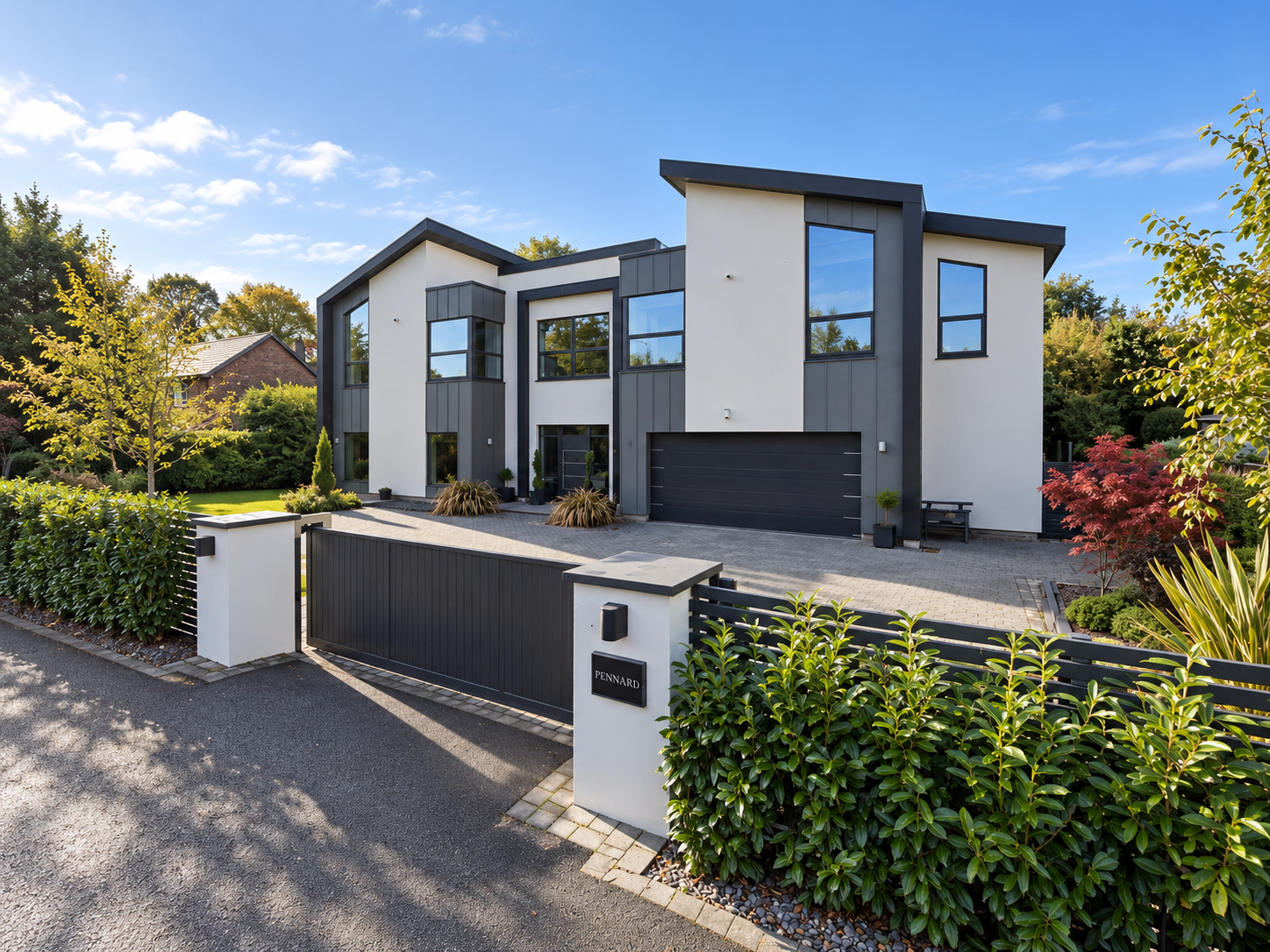 Pennard, Islay Road, Lytham, Lancashire — striking contemporary luxury home featuring bold architectural forms, contrasting façade materials, expansive glazing, integrated double garage and landscaped private entrance.