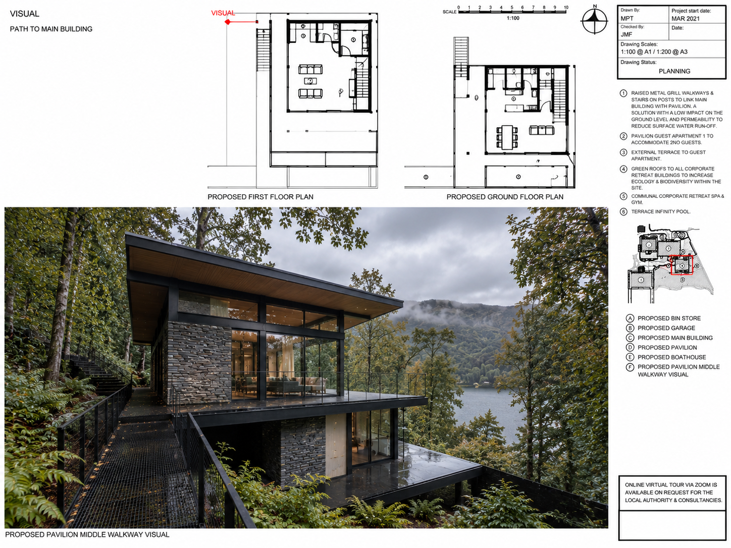 Lakeside Corporate Retreat, Windermere — Spa Pavilion Floor Plans — planning-approved architectural drawings and visualisation of the contemporary spa and wellness pavilion overlooking Lake Windermere. The two-level design incorporates private accomm