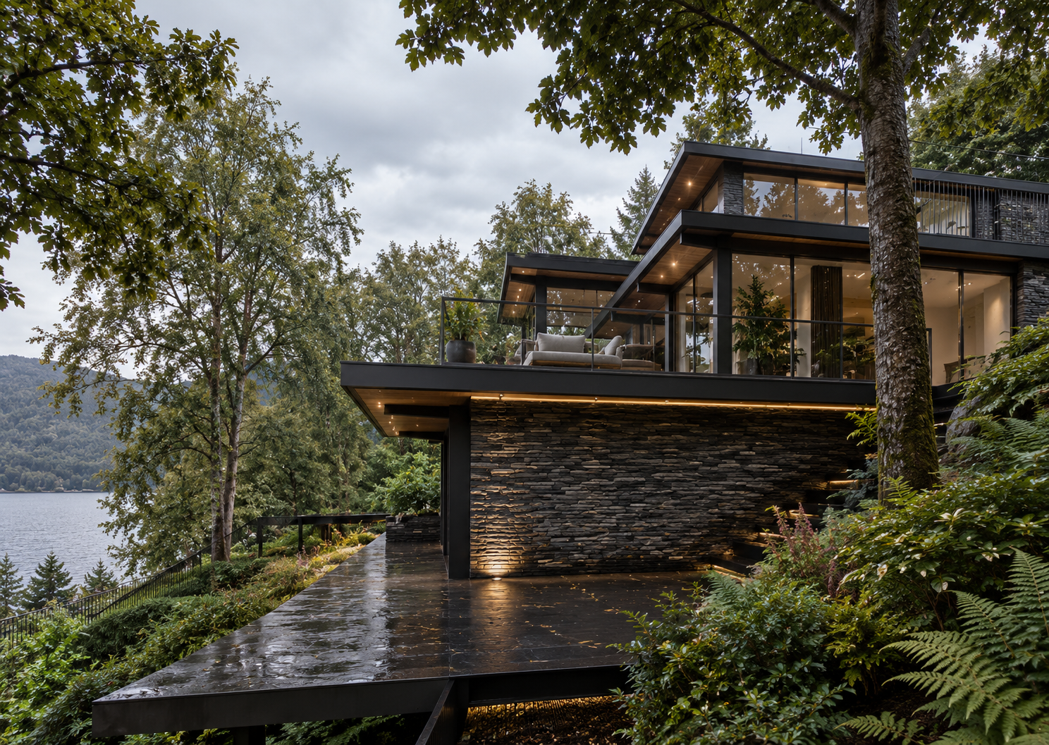 Lakeside Corporate Retreat, Windermere — Main Building Side Elevation — architectural visualisation of the planning-approved contemporary retreat, showing the main building integrated into the steeply wooded hillside overlooking Lake Windermere. Natu